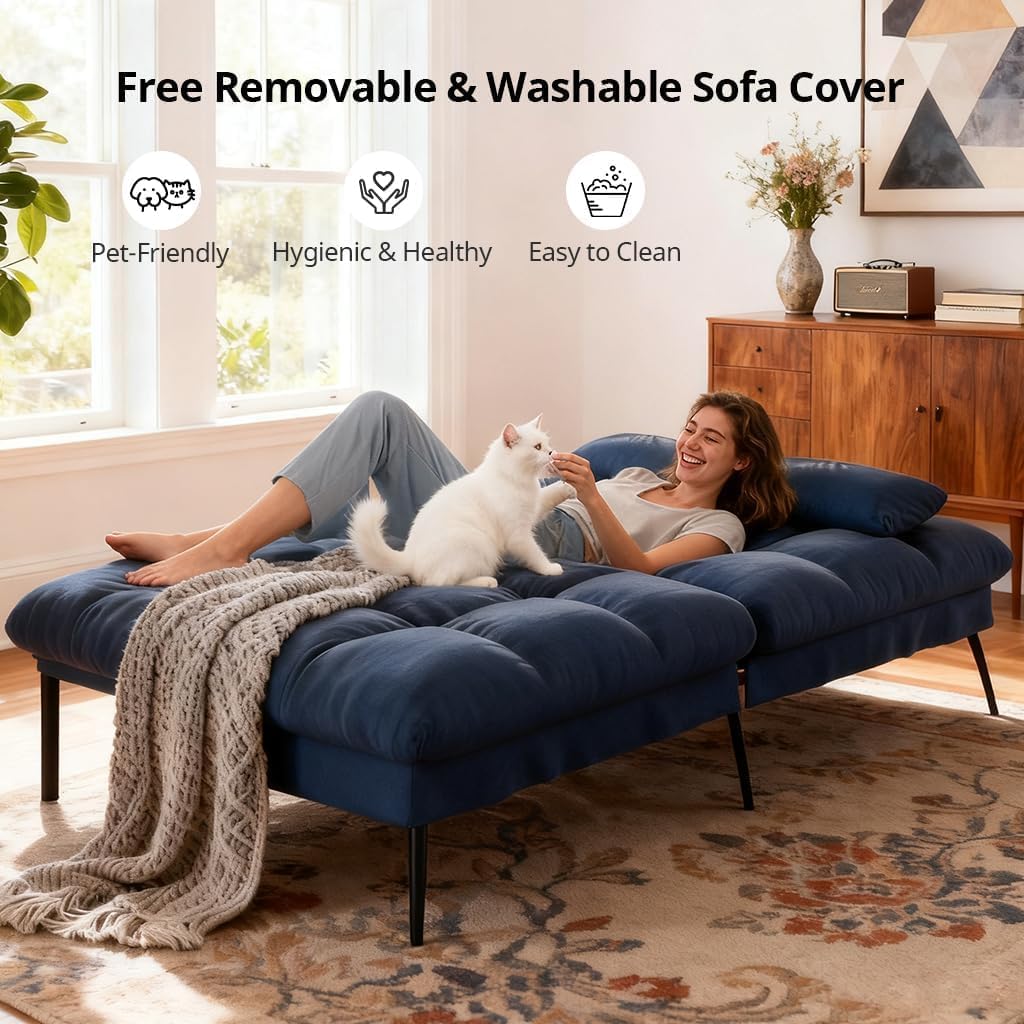 COMHOMA Convertible Sofa Bed,72″Fabric Couch with Adjustable Backrest,Loveseat Recliner Sleeper Living Room Furniture futon Set (Blue)
