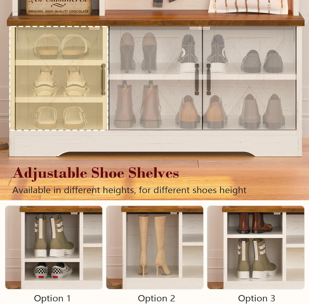 CSZZD Hall Tree with Bench and Shoe Storage, Farmhouse Entryway Bench with Coat Racks and Led Lights, Tall Hall Tree with 7 Coat Hooks, 6 Storage Cubbies, Adjustable Shelf