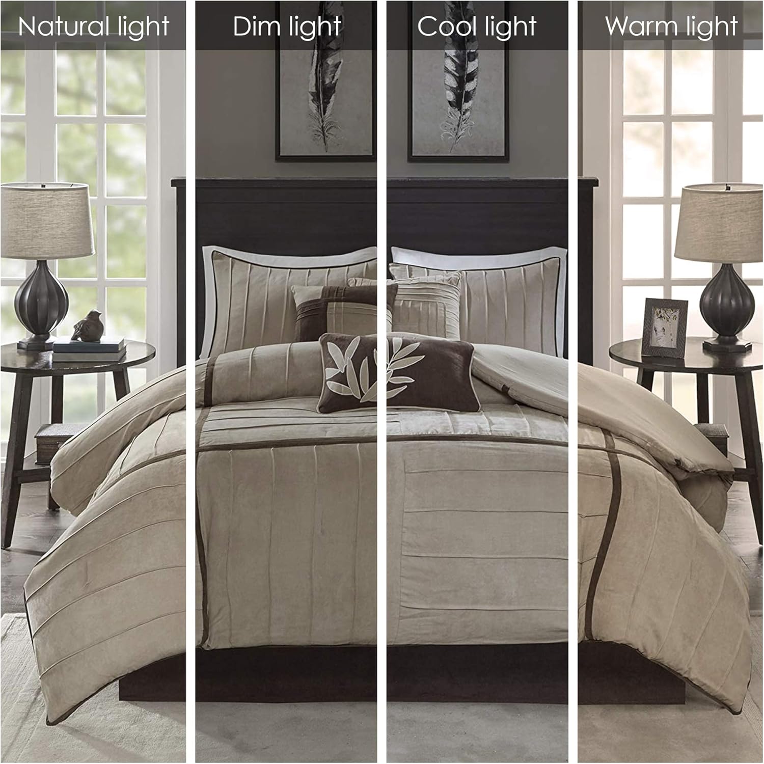 Madison Park Cozy Comforter Set Casual Blocks Design All Season, Matching Bed Skirt, Decorative Pillows, King(104"x92"), Dune Suede, Beige Brown, 7 Piece