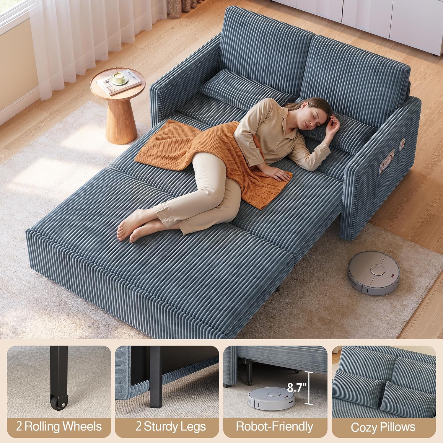 Ahomly 77.2'' Extended Pull Out Sofa Bed, 3-in-1 Small Space Convertible Loveseat Sleeper Couch Bed, Corduroy Sofa for Living Room, Bedroom, Apartment, Dark Grey