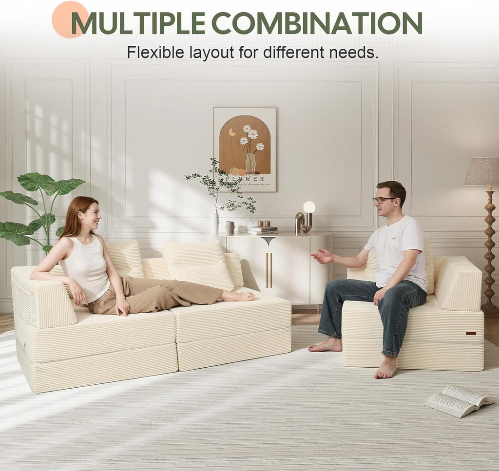COMAX Futon Sofa Bed 3 Seater, 106" Convertible Sofa Bed Couches for Living Room, 4 in 1 Folding Boneless Sleeper Corduroy Couch Foam in a Box, Comfy Foldable Lounge Fold Out Floor Mattress, Beige
