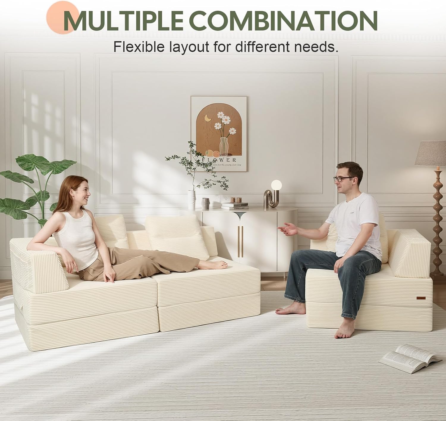 COMAX Futon Sofa Bed 3 Seater, 106" Convertible Sofa Bed Couches for Living Room, 4 in 1 Folding Boneless Sleeper Corduroy Couch Foam in a Box, Comfy Foldable Lounge Fold Out Floor Mattress, Beige