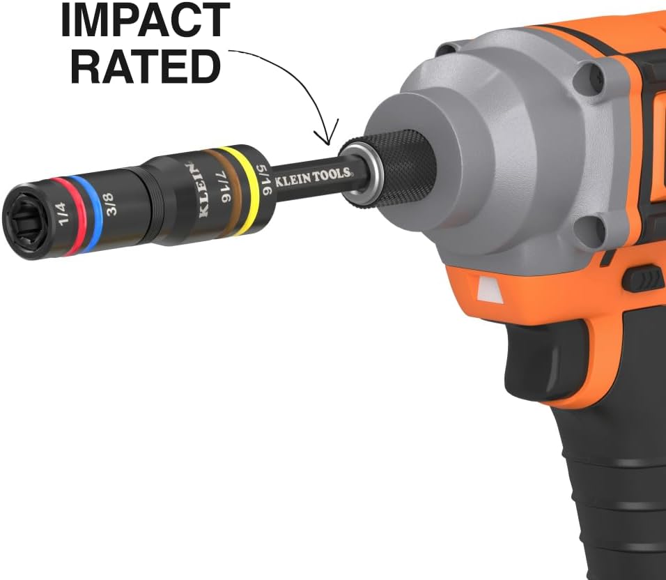 Klein Tools 656QS KNECT Quad Socket, 24 Sizes in 6 Sockets, 4-in-1 Color Coded SAE and Metric Impact Rated, Deep-Well Heavy-Duty, 1/4-and 3/8-Inch Drive, 3-1/2-and 6-1/2-Inch Shaft