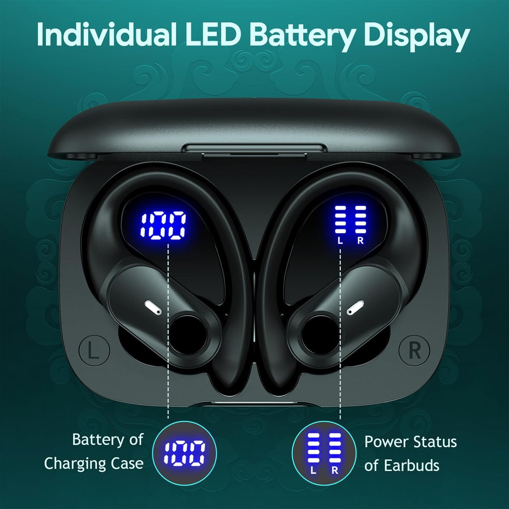 Active Noise Cancelling Wireless Earbuds Bluetooth Headphones 80H Playtime Ear Buds with Power Display Case Hi-Res Sound & Clear Calls Over Ear Hooks Earphones for Sports Running Gym Workout Black