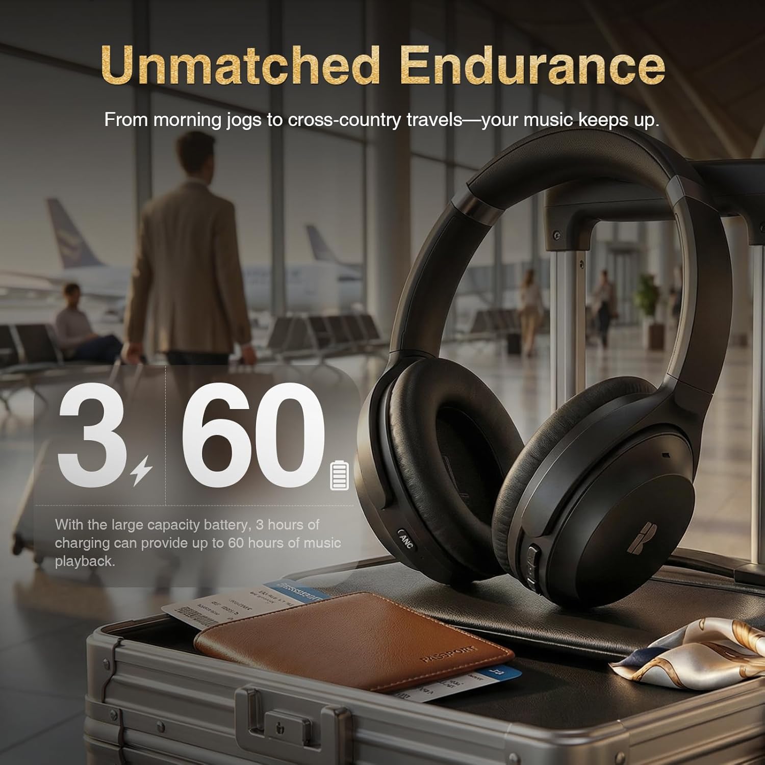 Active Noise Cancelling Headphones, Wireless Over-Ear Bluetooth Headphones ANC, Hi-Res Audio, 60H Playtime, Deep Bass, 3.5MM Cable, Memory Foam Ear Cups for Work/Travel/Home/Office