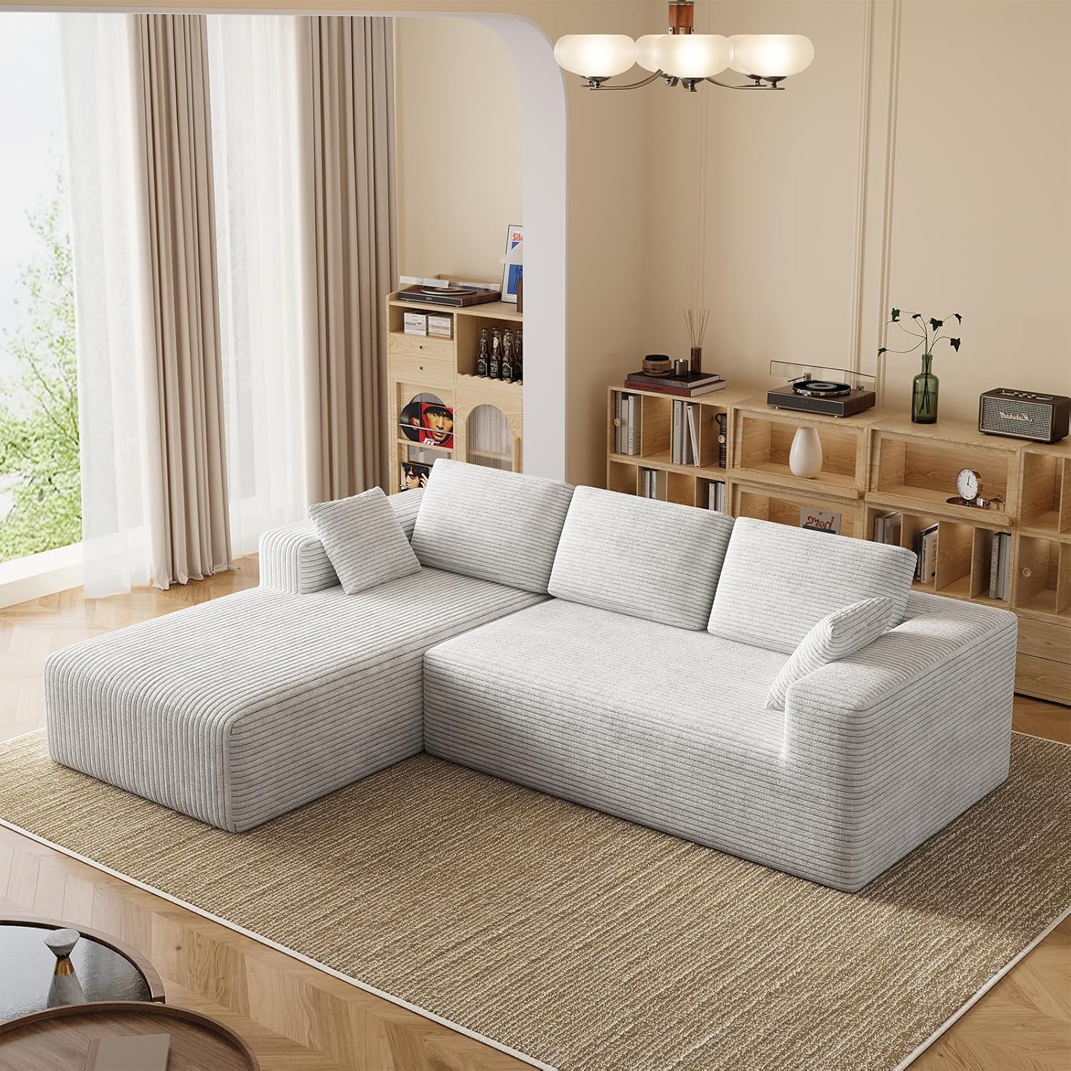 106" Corduroy Sectional Couch, Boneless L Shaped Couch with Deep Seat, Cloud Foam Sofa with Oversized Chaise, Sectional Sofa No Assembly Needed for Living Room