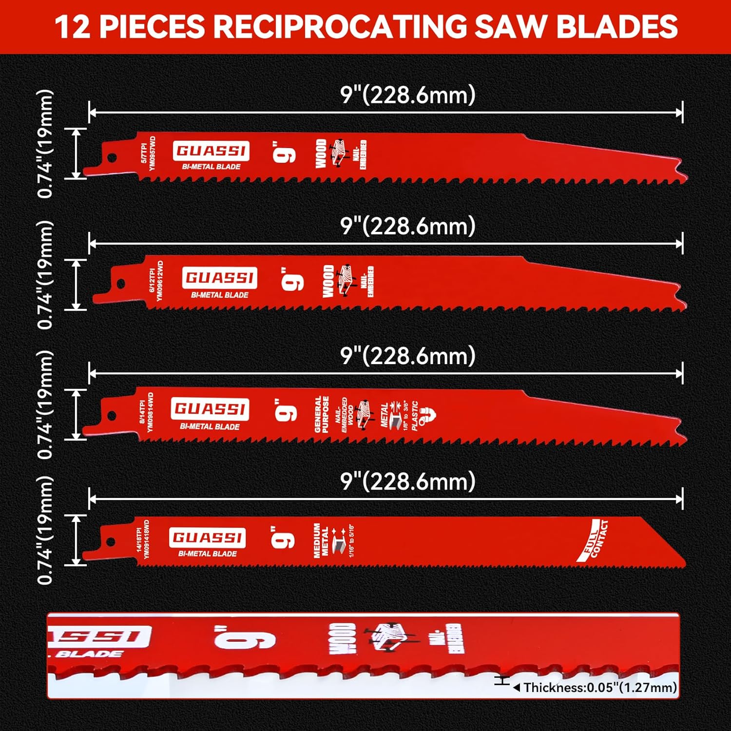 12 Pack 9 inch Reciprocating Saw Blade Set, Various TPI Bi-Metal Sawzall Blades for Wood, Metal and PVC Cutting, Durable Sawzall Blades for Multi-Material Demolition and Cutting, for Diablo