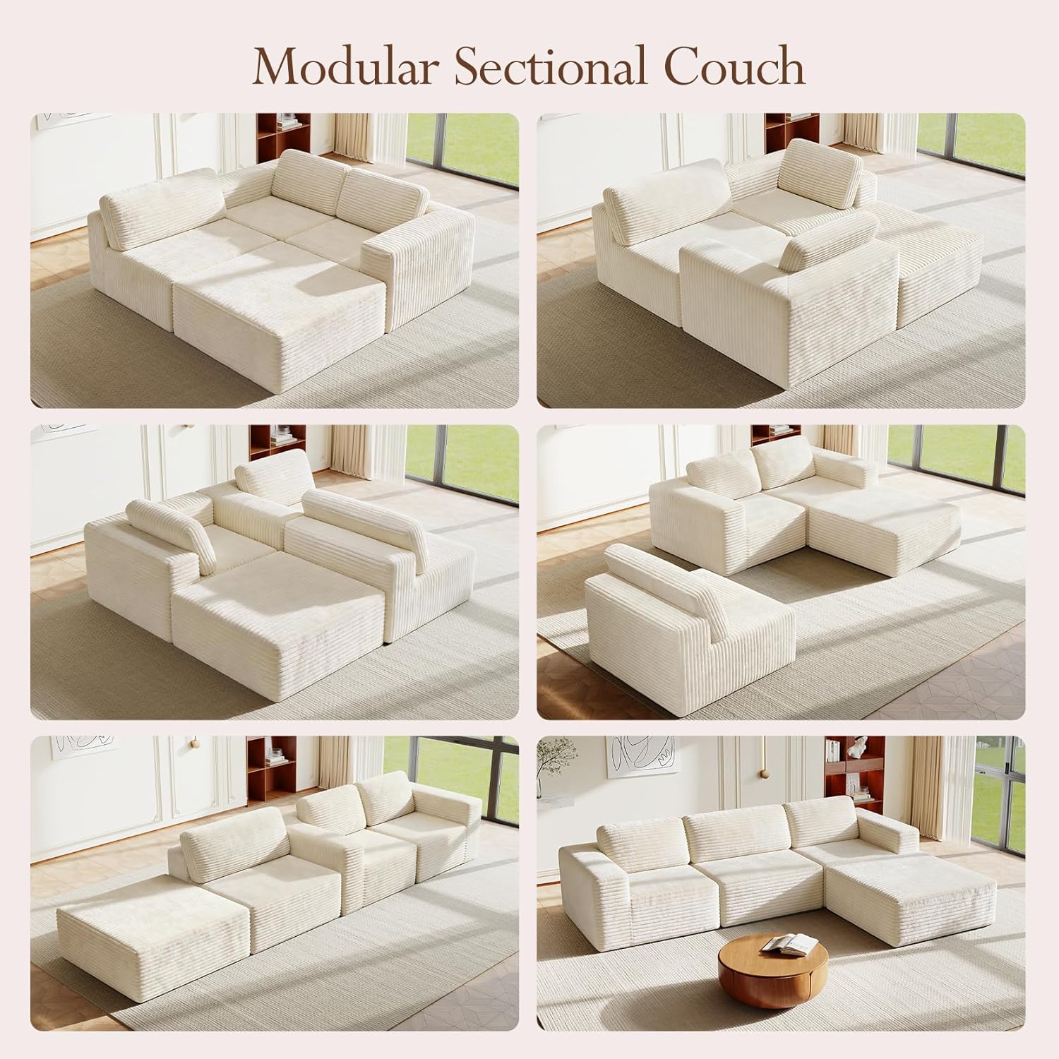 Vesgantti 119" L-Shaped Modular Sectional Sofa, Corduroy Cloud Couch with Deep Seating & Spring Support, Flexible Layout Sofa with Ottoman, Boneless Style, No Assembly Required, Beige