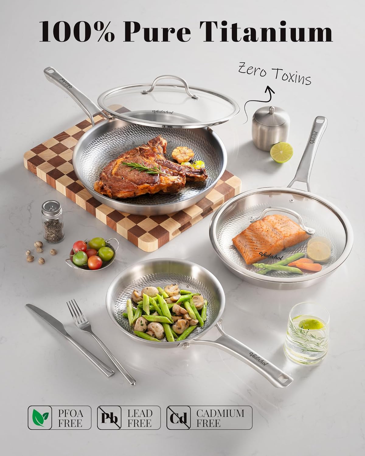 Titanium Pans set, 8+10+12Inch Pure Titanium Hammered Pro with Two Lids, Non-Toxic Skillet for Cooking, PFAS/PFOA/PTFE Free Cookware, Dishwasher&Oven Safe, Kitchen Induction Compatible