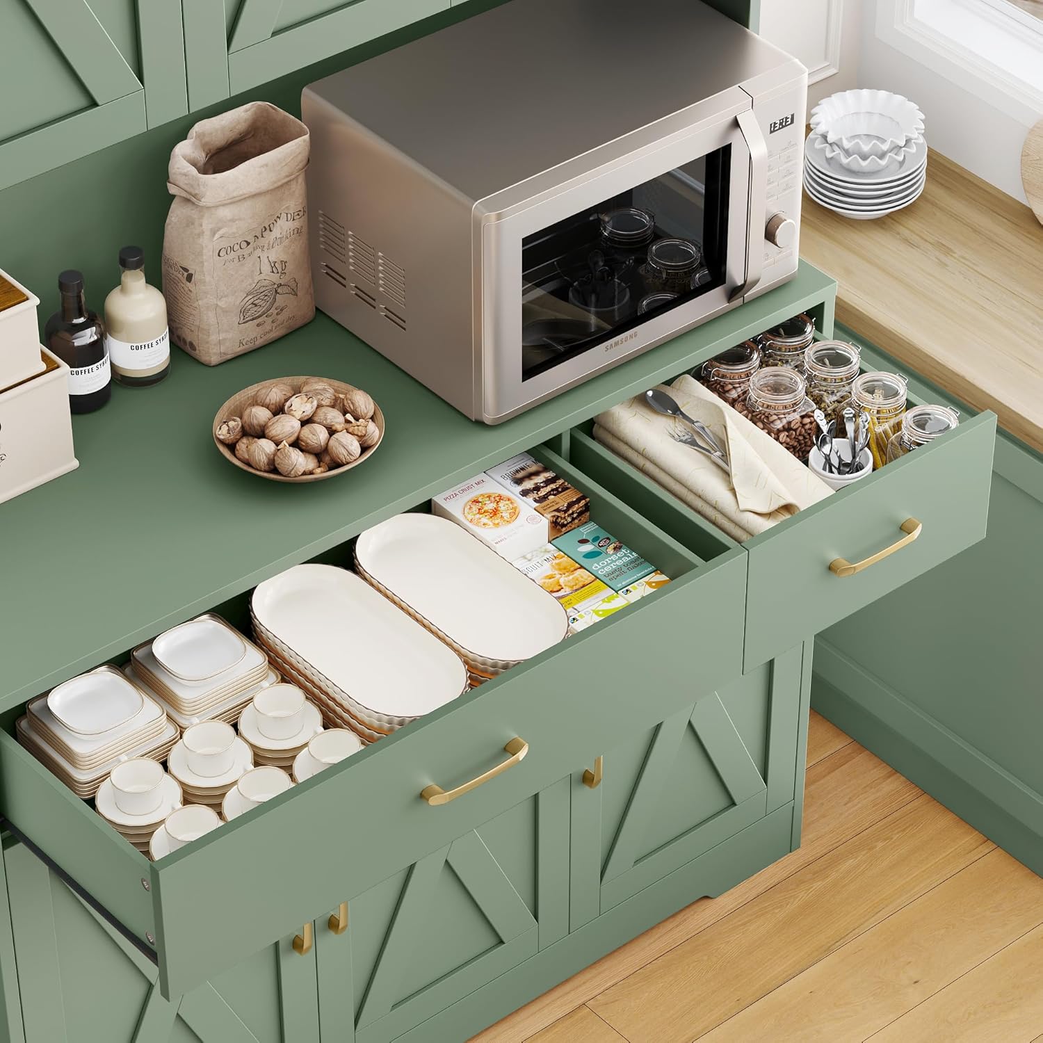 HOSTACK 71" Pantry Cabinet with Charging Station, Tall Kitchen Pantry Storage Cabinet with Microwave Stand, Farmhouse Kitchen Hutch with Storage Drawers for Living Room, Dining Room, Green