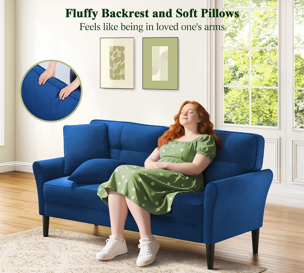 Loveseat Sofa, 69" Love Seat Couches, Comfy Velvet Small Couches for Small Spaces with 2 Pillows, Tool-Free Setup Sofas & Couches, 700lb Load Sofas for Living Room, Mini Couch for Bedroom, Blue Couch