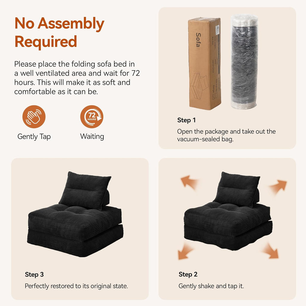 MONVANE Folding Sofa Bed, Fold Out Chair Bed with Pillow, Convertible Sleeper Chair for Living Room/Small Spaces, Foldable Lazy Sofa Bed Floor Chair, Comfy Corduroy Couch Bed, Black