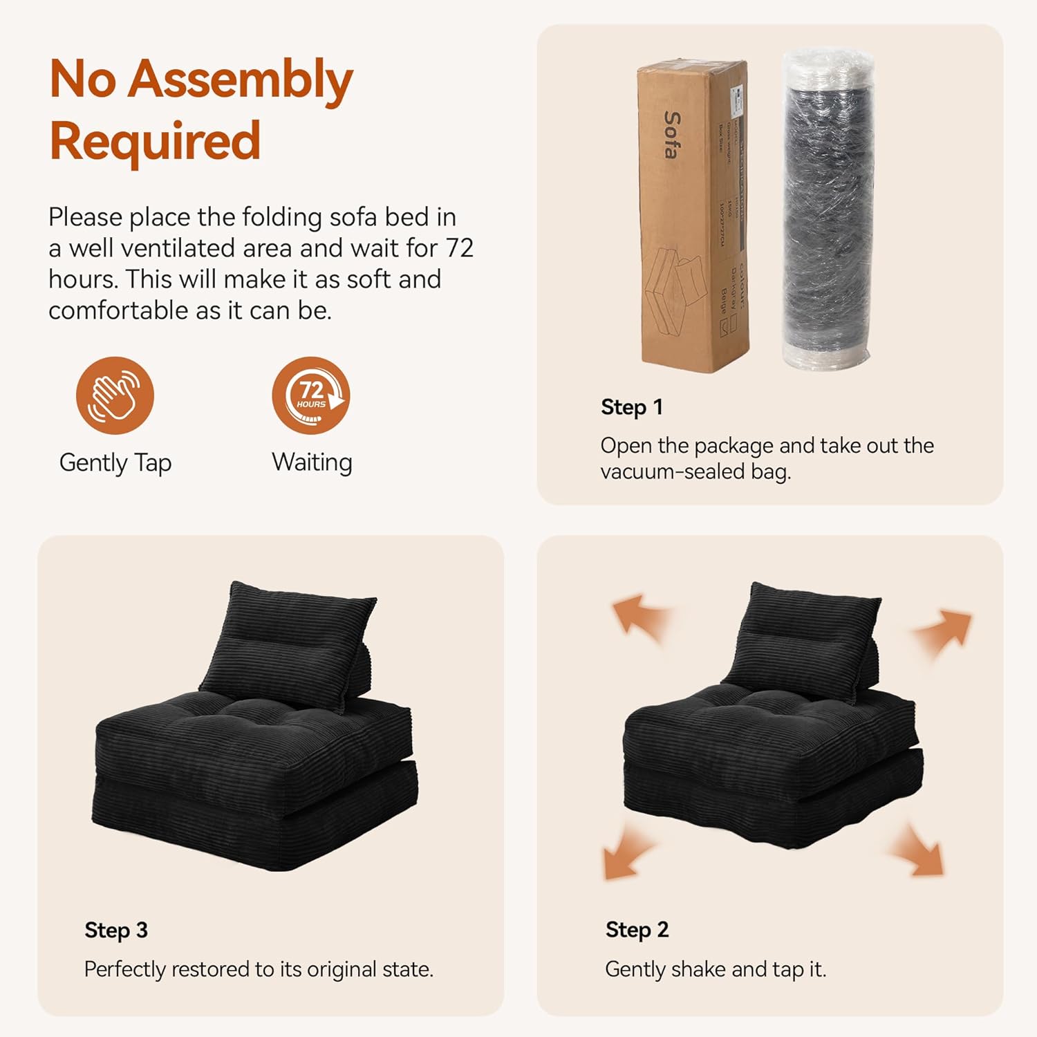 MONVANE Folding Sofa Bed, Fold Out Chair Bed with Pillow, Convertible Sleeper Chair for Living Room/Small Spaces, Foldable Lazy Sofa Bed Floor Chair, Comfy Corduroy Couch Bed, Black