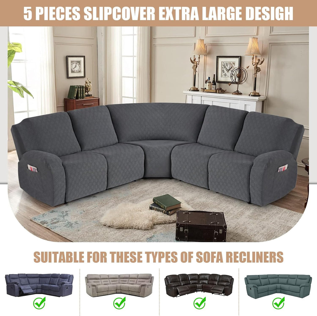 VANSOFY Extra Large Reclining Sectional Couch Covers, Washable 5-Piece Sofa Covers for L Shape Sectional Sofa Corner Seater, Thick, Soft Sofa Slipcovers (5 Seat Recliner Cover,Charcoal Gray)