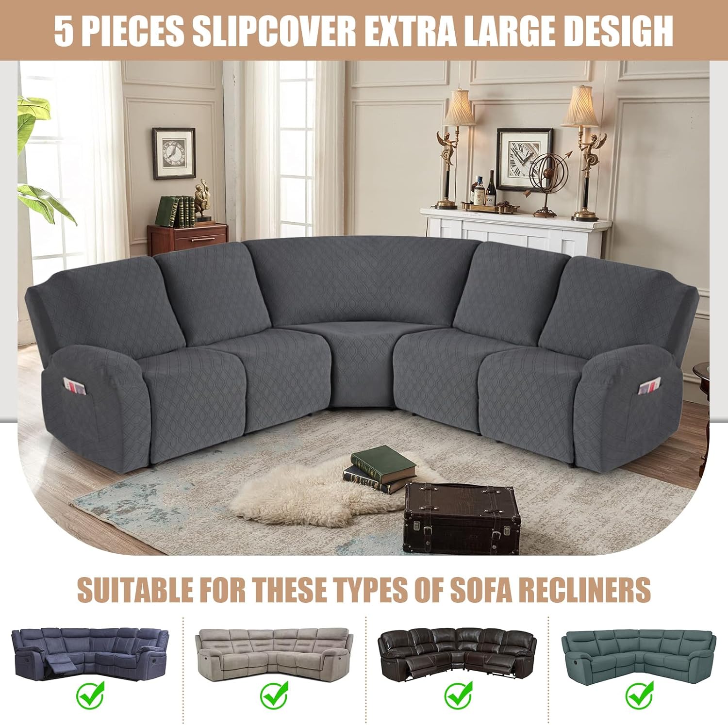 VANSOFY Extra Large Reclining Sectional Couch Covers, Washable 5-Piece Sofa Covers for L Shape Sectional Sofa Corner Seater, Thick, Soft Sofa Slipcovers (5 Seat Recliner Cover,Charcoal Gray)