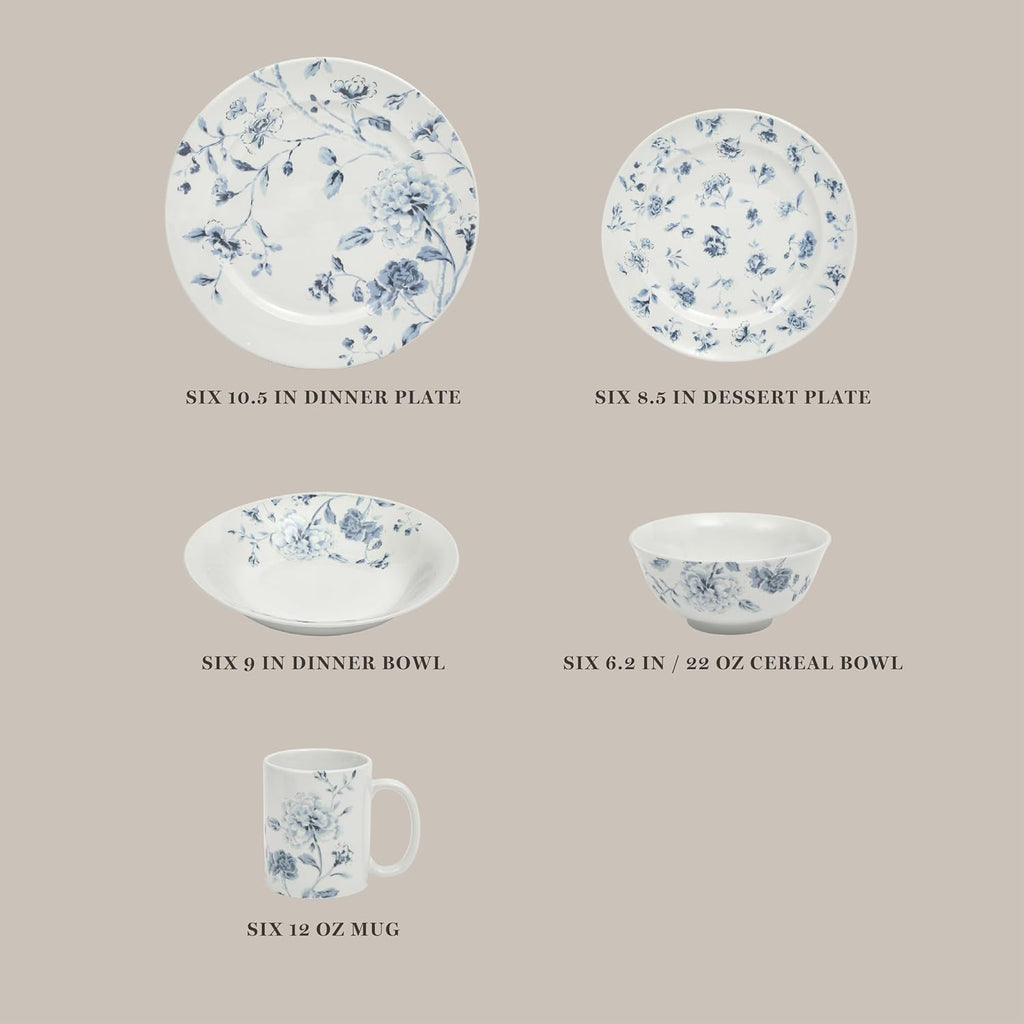 Martha Stewart Empress Bouquet 30 Piece Decorated Porcelain Chip and Scratch Resistant Dinnerware Plates and Bowls Set - Blue Floral