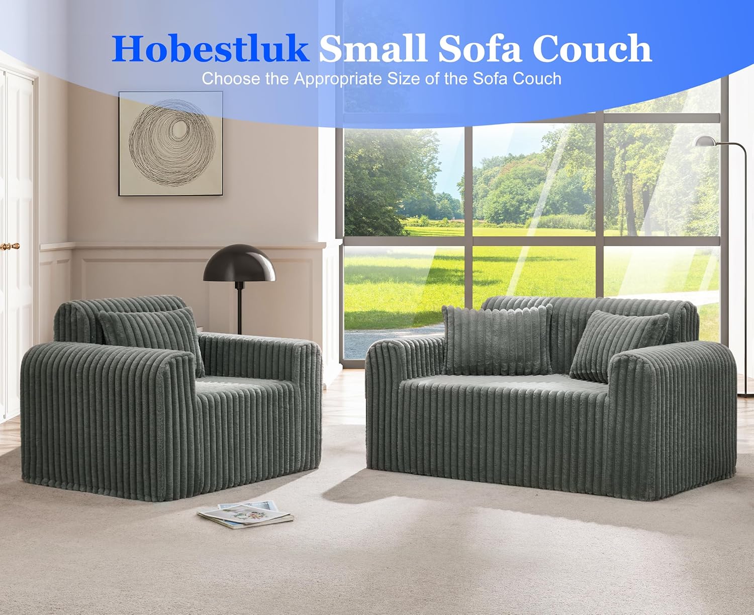 Hobestluk Couch Sofa 2-Seater Foam Sofa Loveseat for Small Spaces Comfy Sofas with Removable Cover Furry Couch with Pillows for Living Room, Bedroom, Apartment, Office (Grey, Loveseat)
