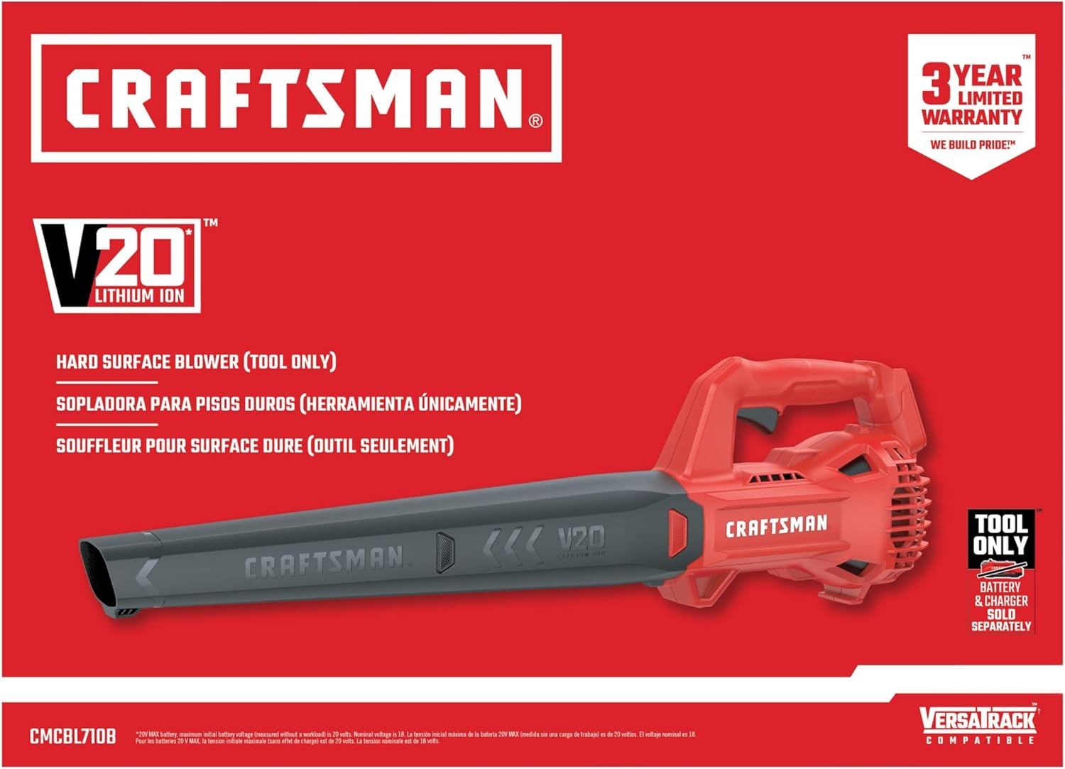 CRAFTSMAN V20 Cordless Leaf Blower, Hard Surface Blower, Bare Tool Only (CMCBL710B)