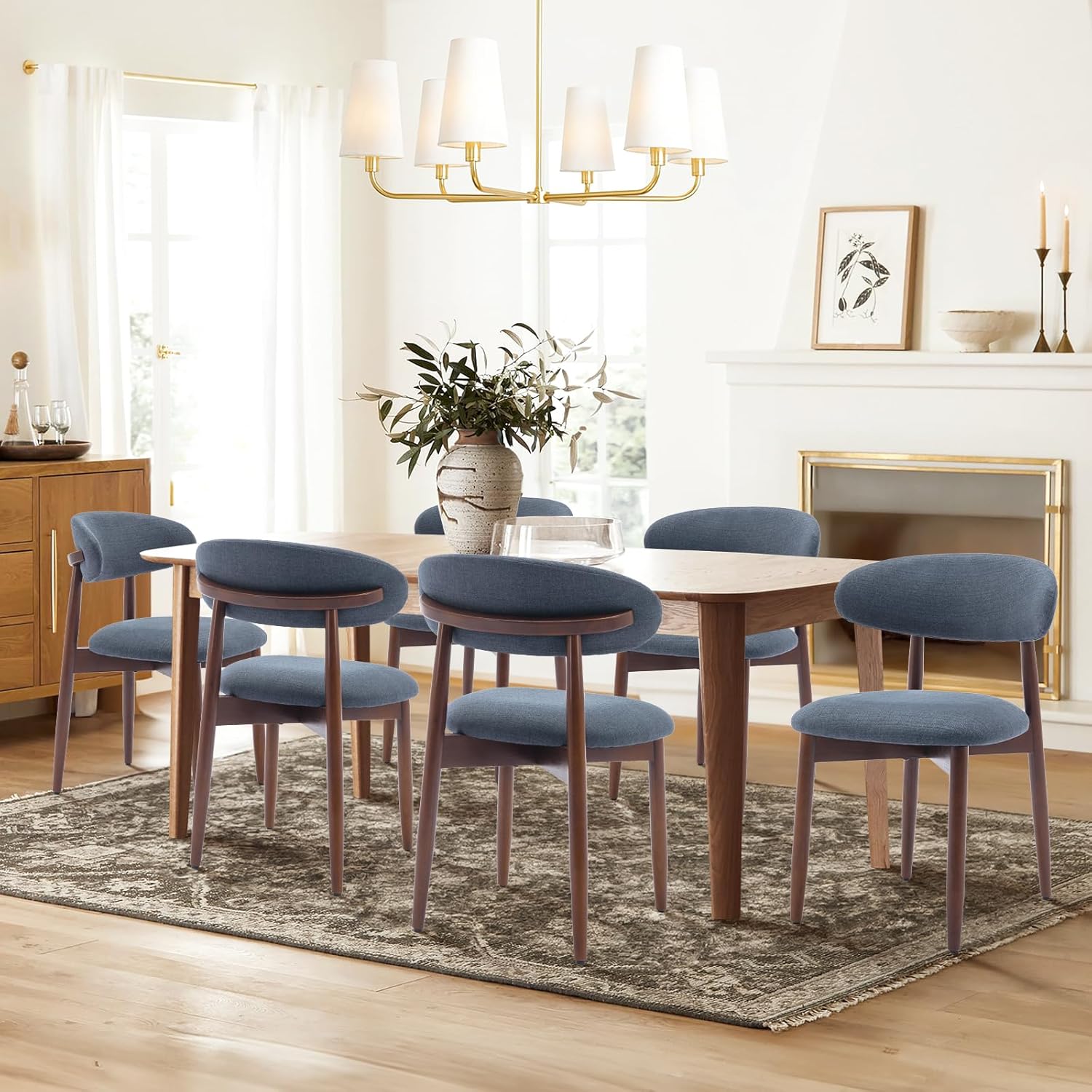 COLAMY Wooden Dining Chairs Set of 4, Modern Fabric Upholstered Dining Room Chair, Farmhouse Kitchen Side Chairs with Foot Pegs, Blue