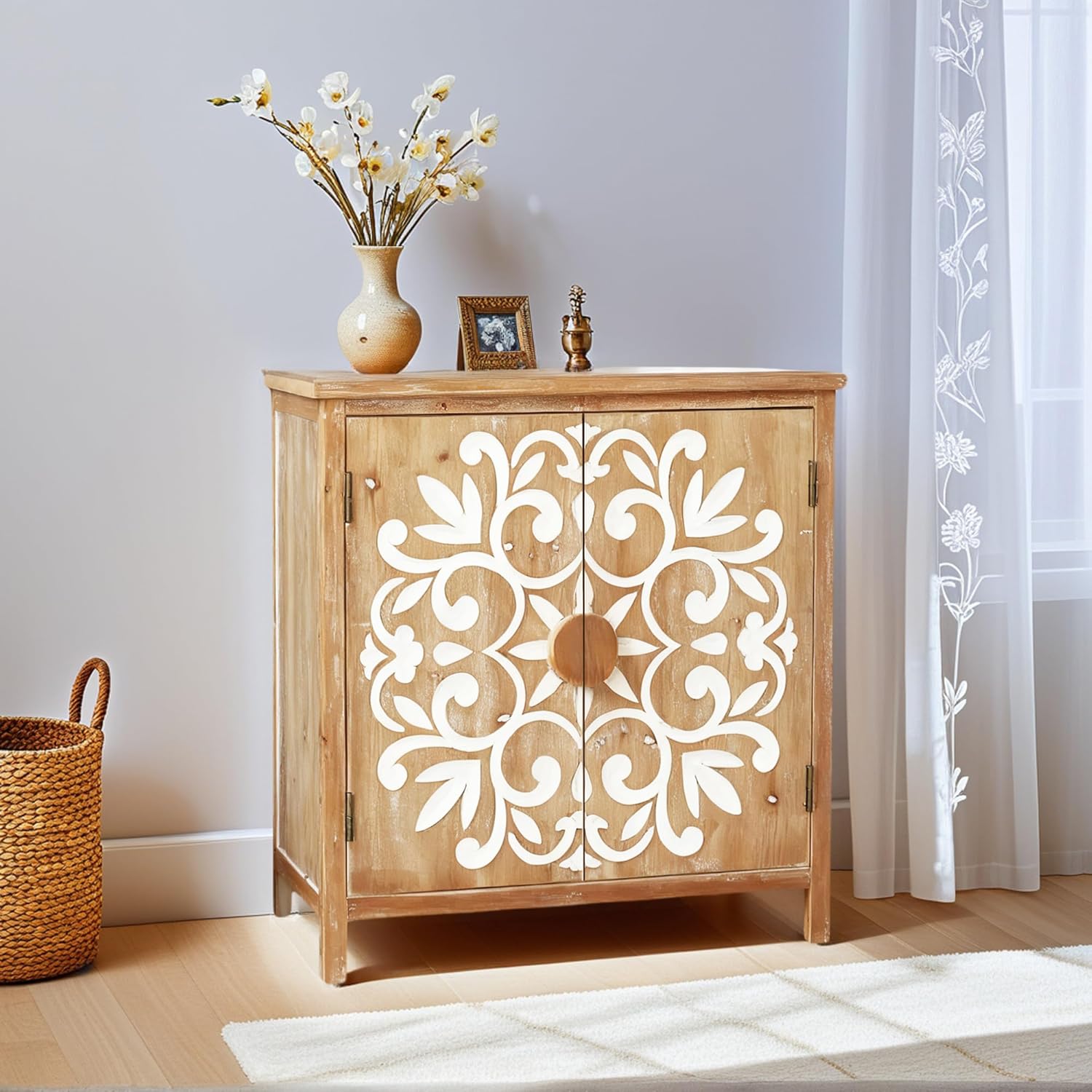 Small Entryway Cabinet with Storage - Farmhouse Cabinet for Living Room, Decorative Storage Cabinet with Floral Carvings, Antique Brown & White Accent Cabinets