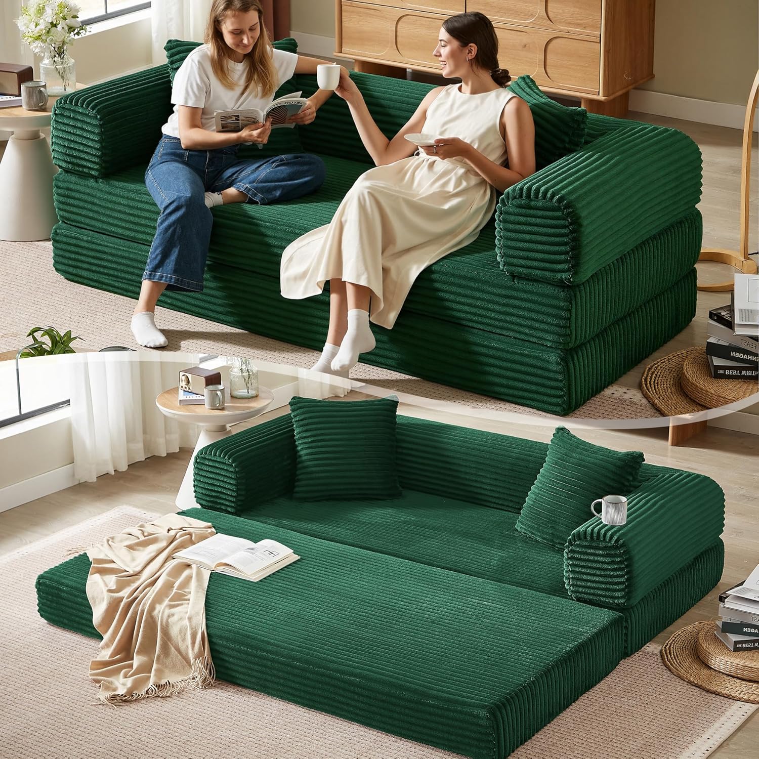 Boneless Couch Versatile Couches for Living Room No-Install Sofa Bed Corduroy Futon Soft Cloud Couch with Pillows for Bedroom Game Movie (Green, 76")