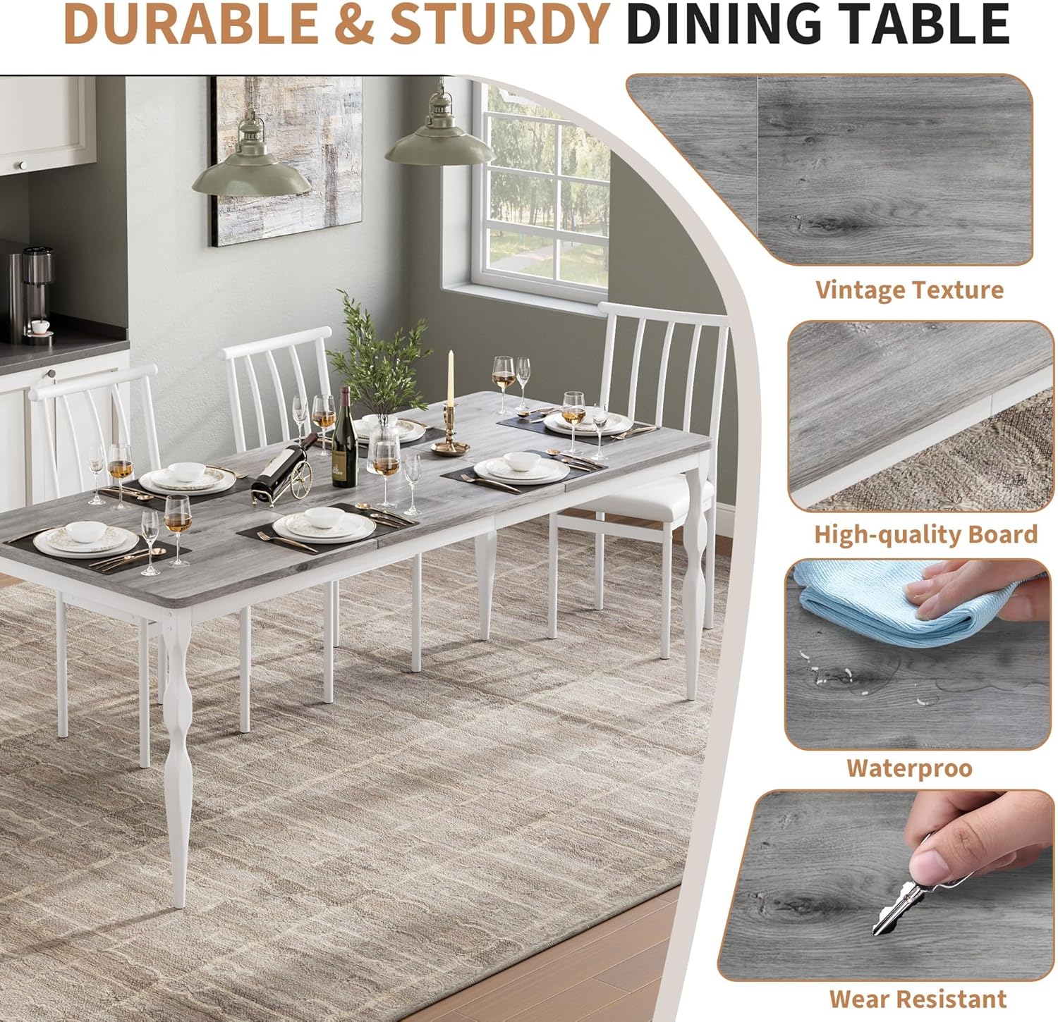 Rectangular Dining Table for 6, 71 in Rustic Farmhouse Kitchen Table with Large Tabletop, Long Wooden Dining Room Table with Heavy Duty Legs, Dinette and Dinner Desk for Party, Big Family, Grey