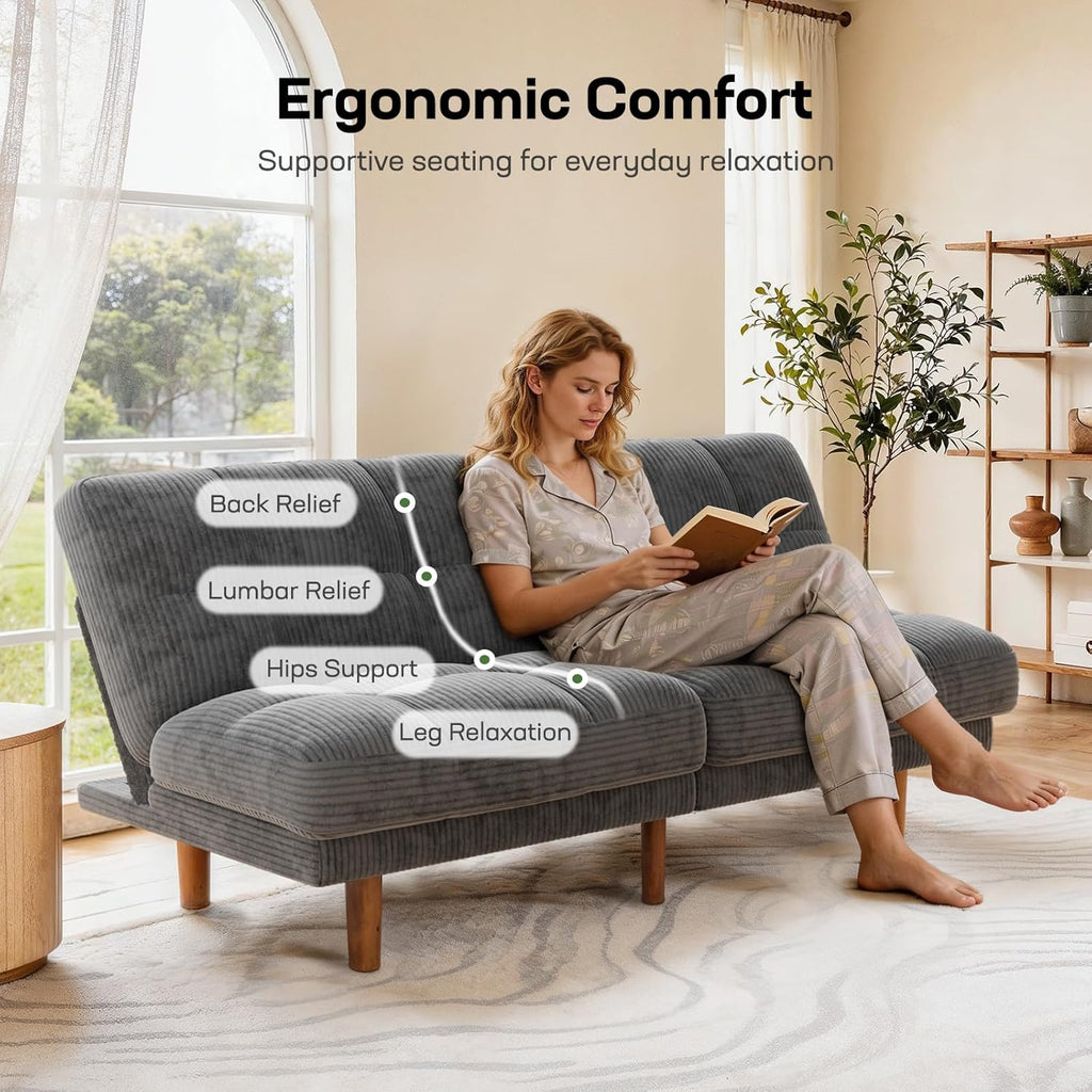 Marsail 65" Futon Sofa Bed, Convertible Small Recliner Sleeper Sofa Bed with Adjustable Backrest, Corduroy Loveseat Futon Couch for Small Apartments, Living Room Office, Guest Room (Grey)