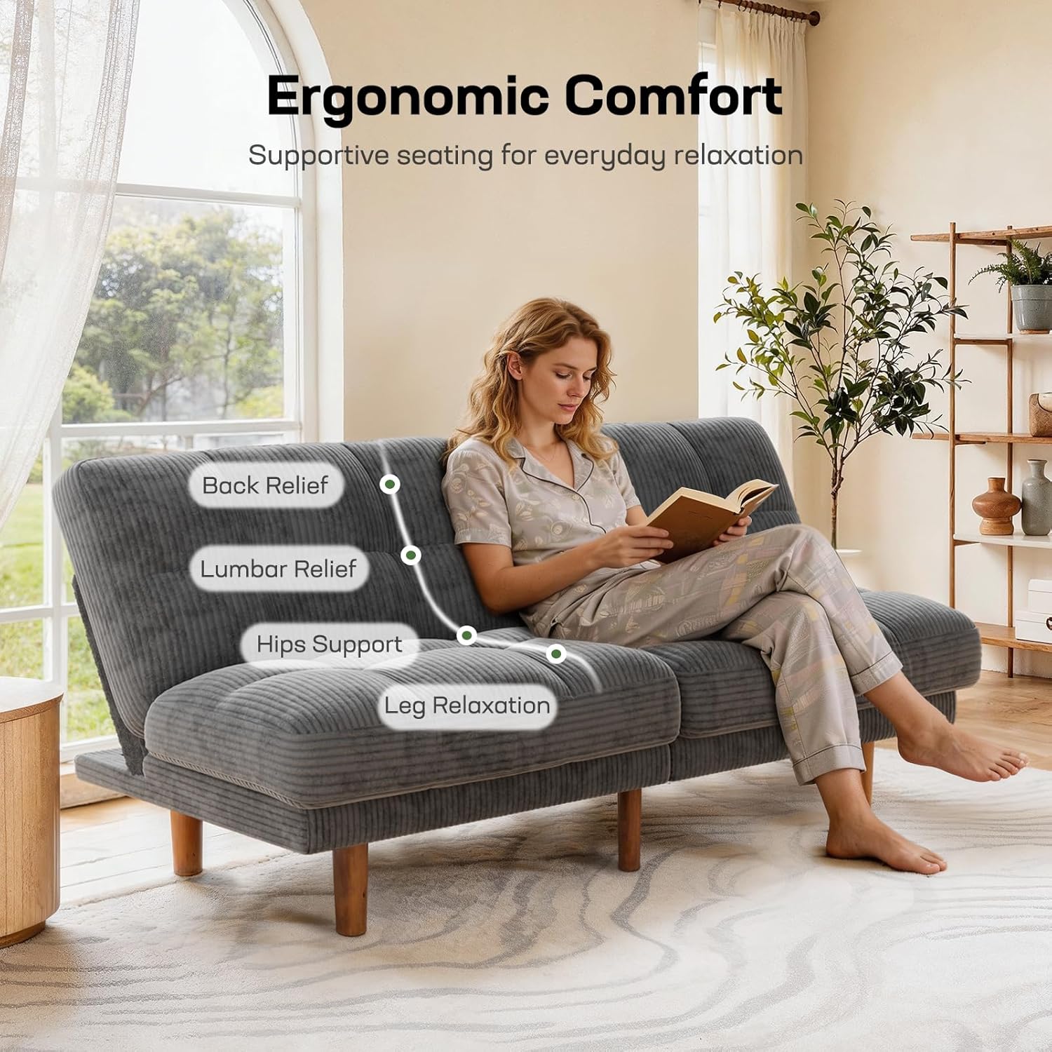 Marsail 65" Futon Sofa Bed, Convertible Small Recliner Sleeper Sofa Bed with Adjustable Backrest, Corduroy Loveseat Futon Couch for Small Apartments, Living Room Office, Guest Room (Grey)