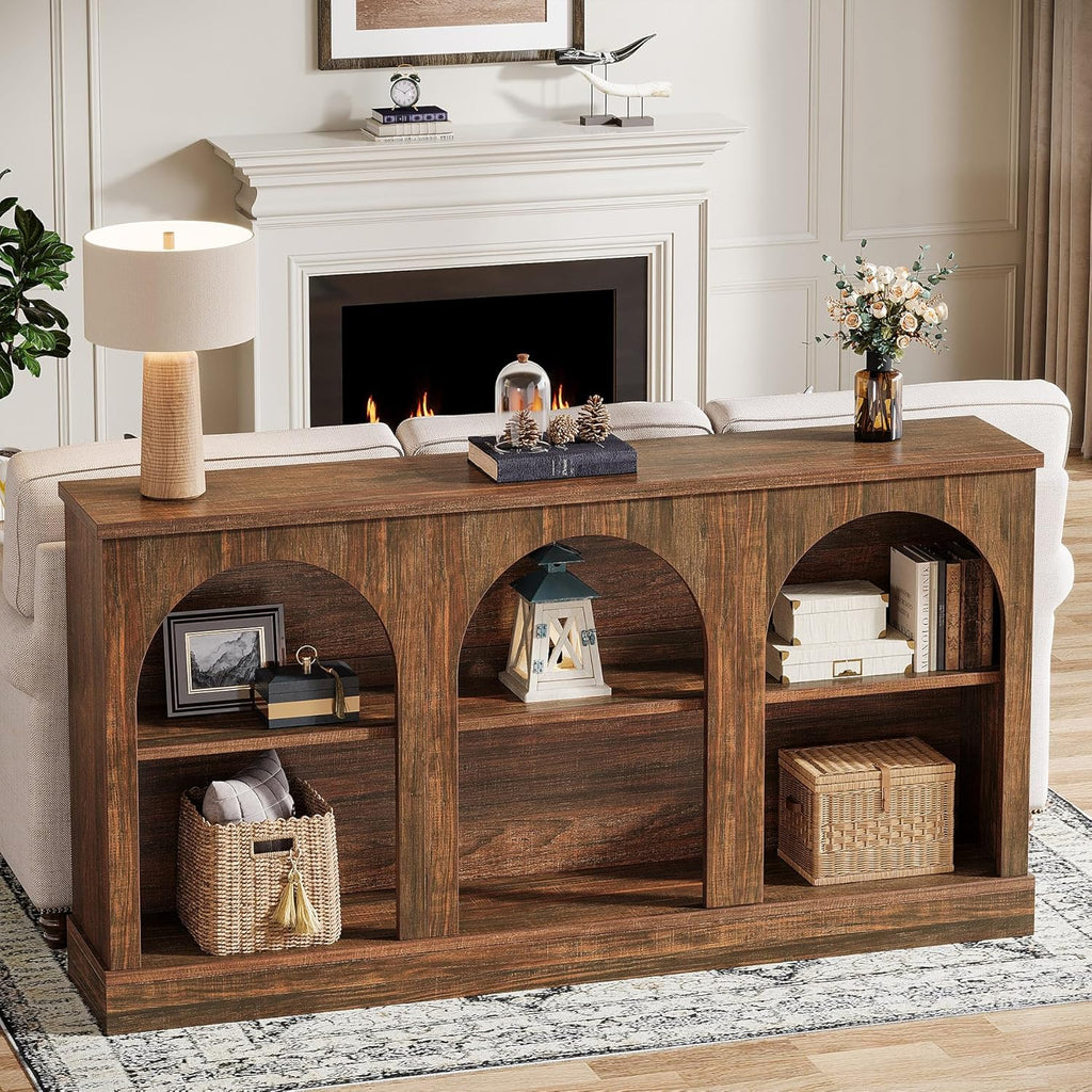 Tribesigns Farmhouse Console Table, 63-Inch Long 3 Tier Entryway Table with Storage, Wooden Rectangular Sofa Table Behind The Couch for Entrance, Hallway, Living Room, Dark Brown