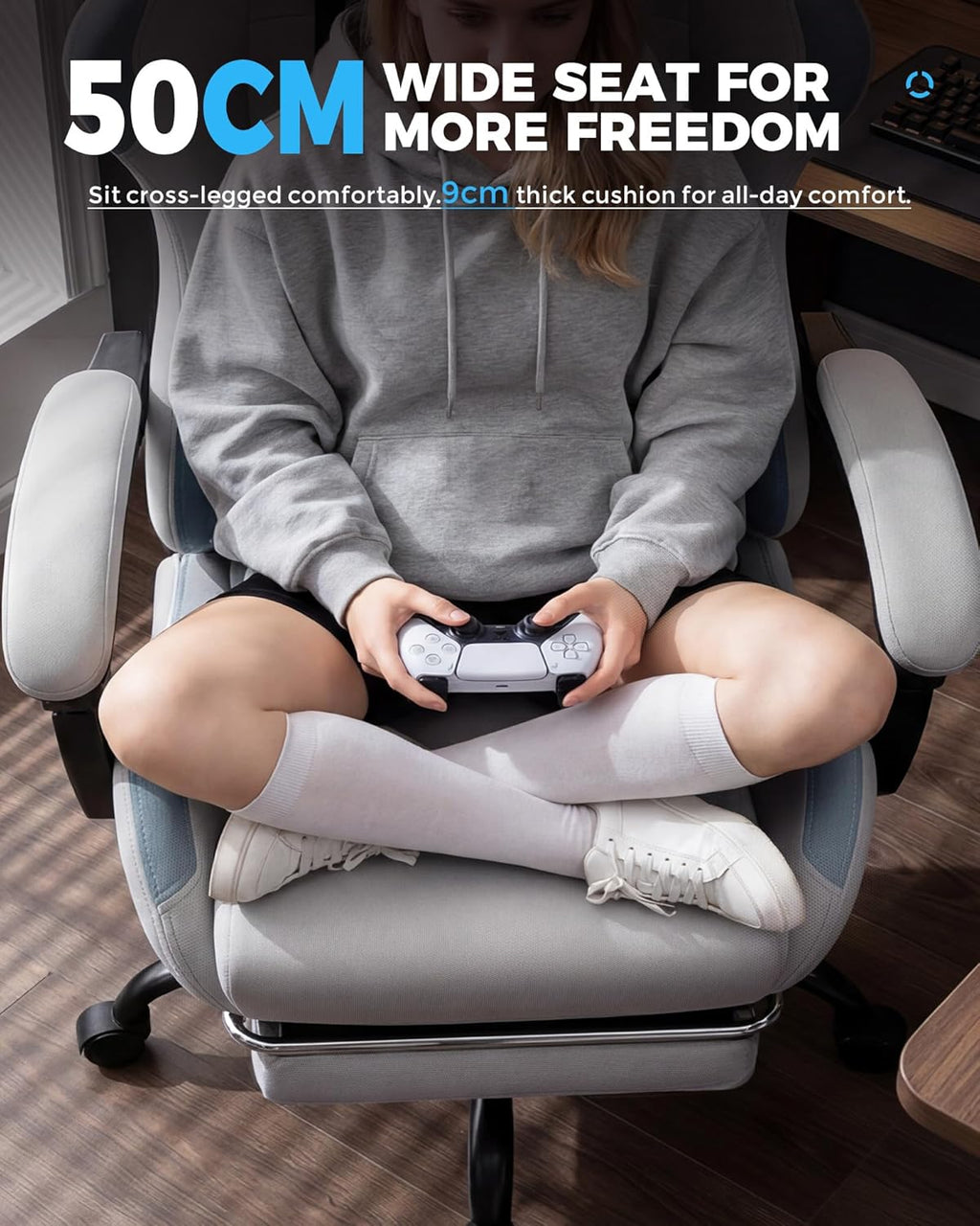 GTPLAYER Gaming Chair Fabric with Pocket Spring Cushion,Computer Office Chair with Lumbar Support for Adults Linkage Armrests and Footrest Ergonomic Gamings Chairs Height Adjustable Gray