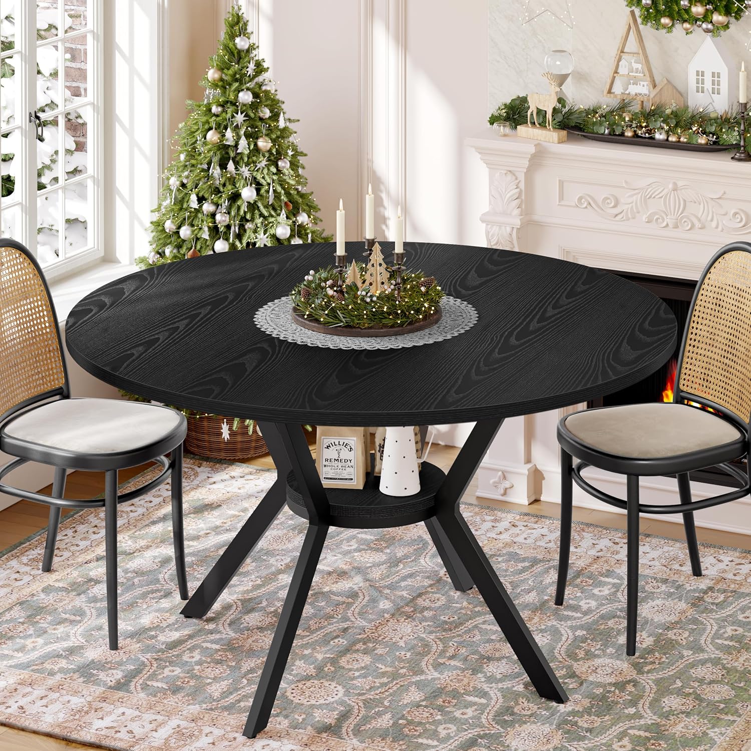 Black Dining Table for 2-4, 42 Inch Round Kitchen Table with Storage, Wooden Circle Dinner Table with Metal Legs, Rustic Mid Century Modern Dining Room Tables for Kitchen, Living Room, Dining Room