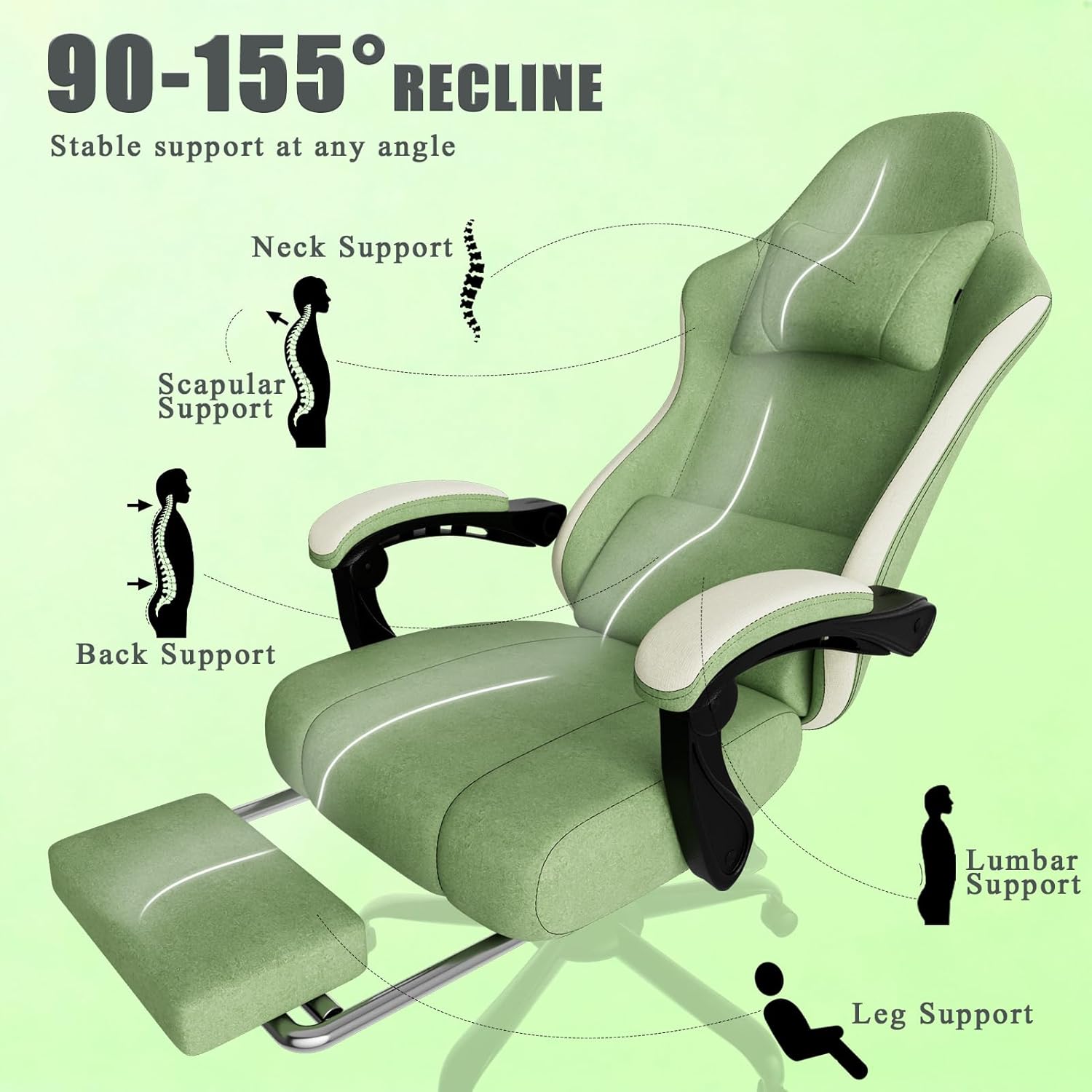 Gaming Chair, High Back Fabric Computer Chair with Pocketed Spring Cushion and Footrest, Height Adjustable Game Chair with Headrest and Lumbar Support (Beige & Green)
