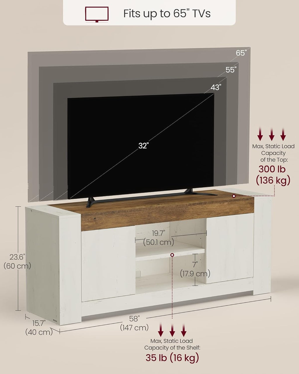 VASAGLE TV Stand, Farmhouse Entertainment Center with Storage Cabinets, Media Console Table for Living Room, Bedroom, for 65 Inch TV, 58 x 15.7 x 23.6 Inches, Rustic White and Honey Brown ULTV623W201S