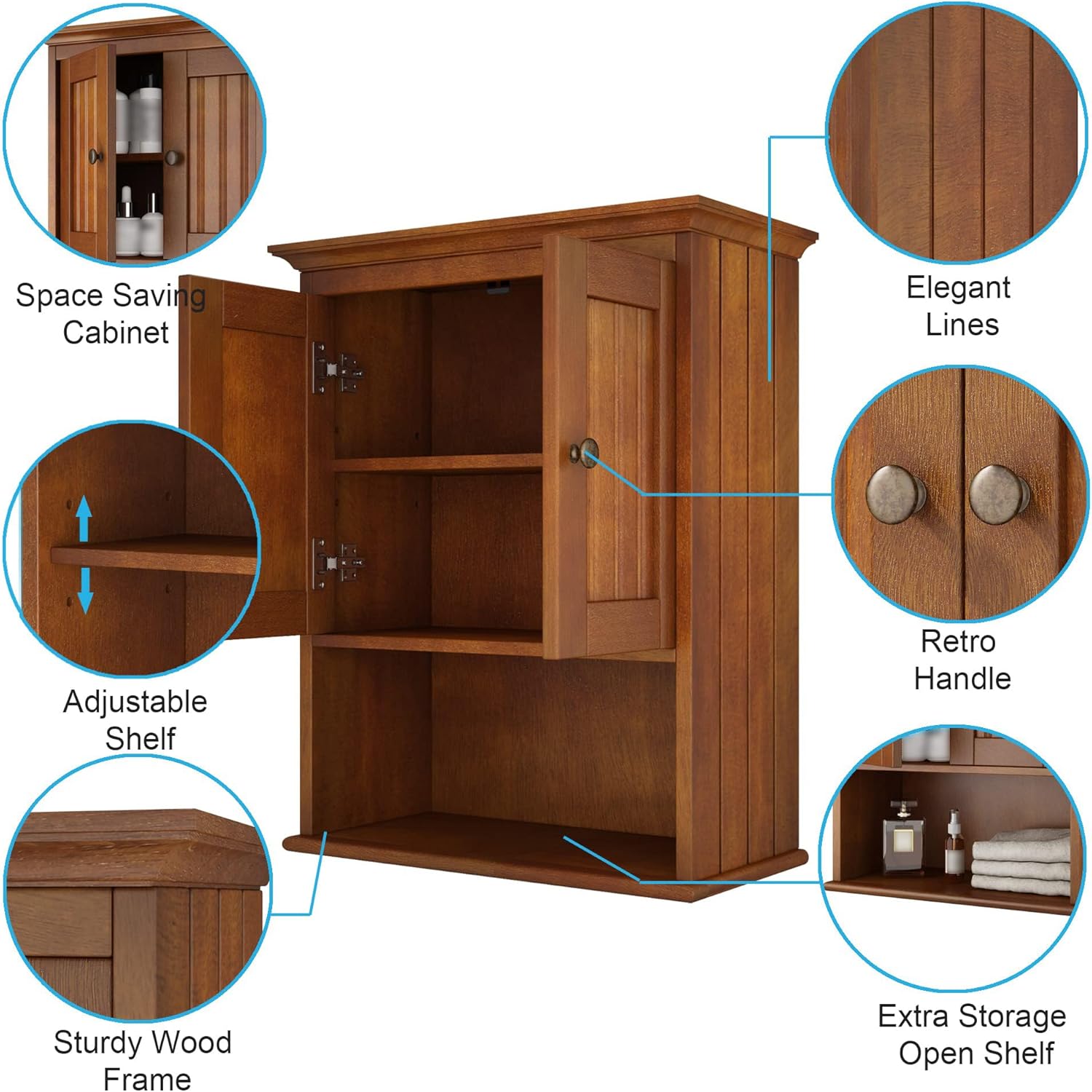 Treocho Wood Wall Cabinet, Bathroom Medicine Cabinet Storage with Doors and Adjustable Shelf, Rustic Cabinet Wall Mounted for Bathroom, Livingroom, Kitchen, Cupboard, Reddish Brown