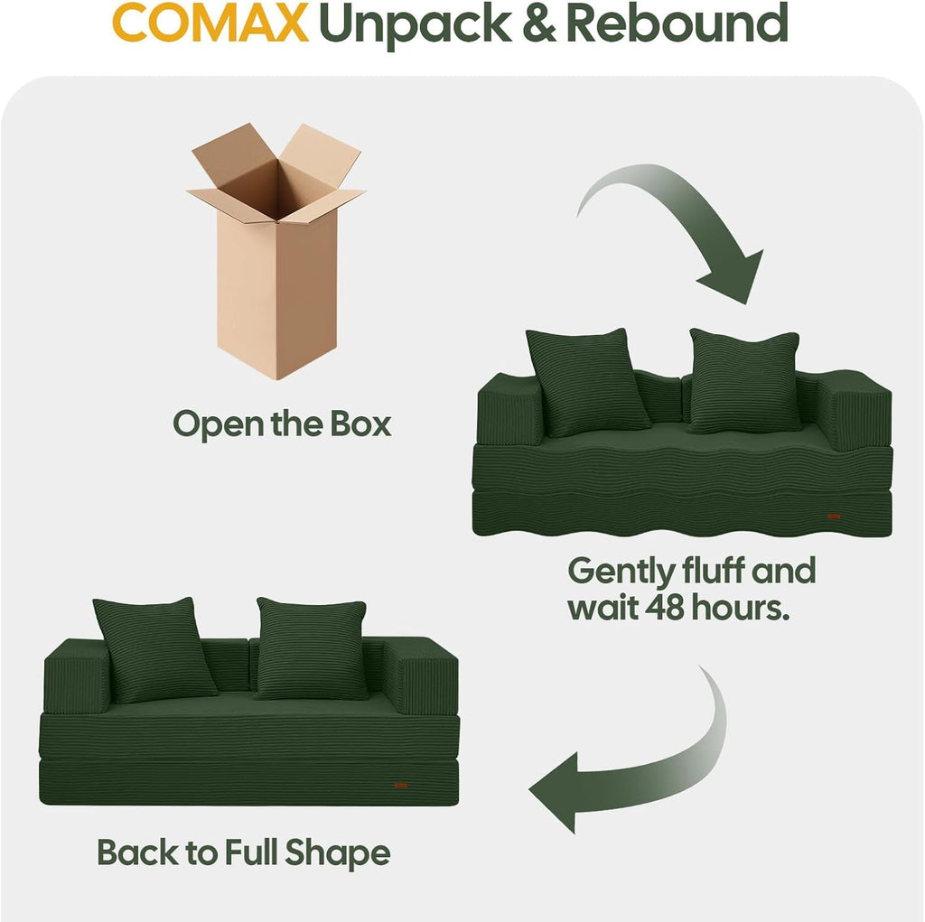 COMAX Futon Sofa Bed, 4‑in‑1 Convertible Sofa Bed, Folding Boneless Couches for Living Room, Fold Out Small Foldable Loveseat Floor Sleeper Comfy Mattress Lounge Space‑Saving, Green