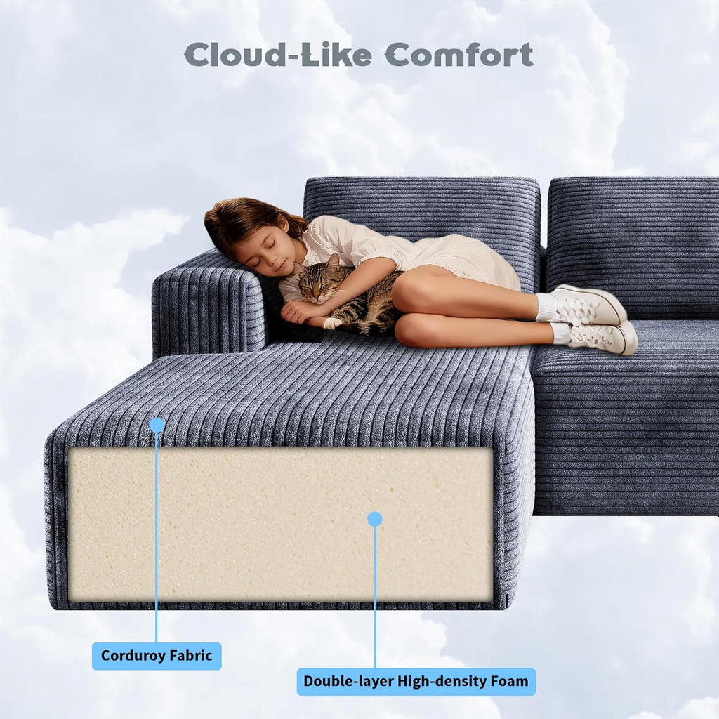 106" Corduroy Sectional Couch, Boneless L Shaped Couch with Deep Seat, Cloud Foam Sofa with Oversized Chaise, Sectional Sofa No Assembly Needed for Living Room