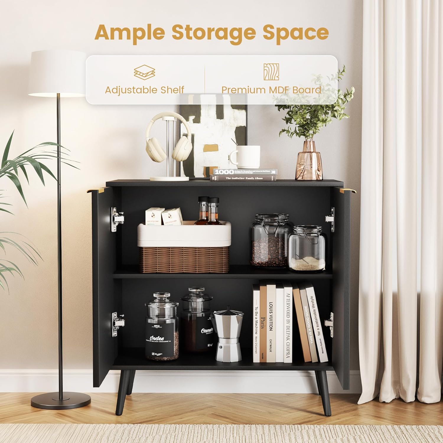 Black Fluted Buffet Cabinet, Free Standing Sideboard with Storage, Wood Accent Cabinet with Doors & Shelf, Modern Credenza, Sideboard Buffet Cabinet for Living Room, Dining Room(1, Black)