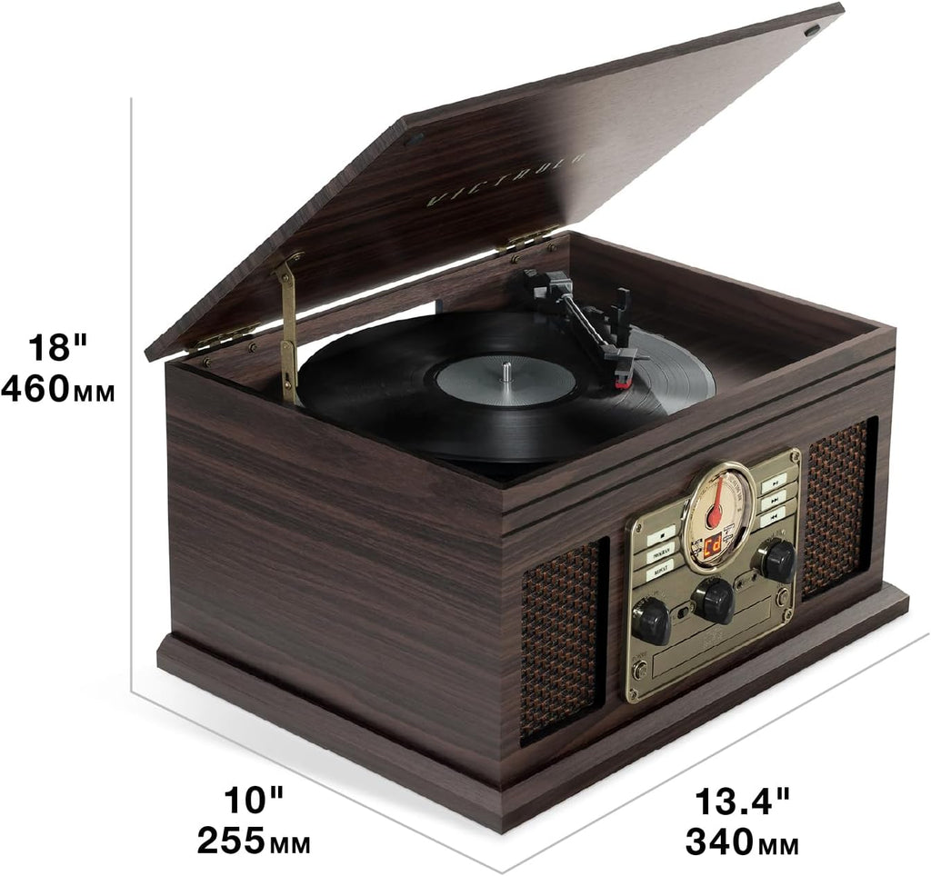 Victrola The Quincy 6-in-1 Bluetooth Record Player & Multimedia Center with Built-in Speakers – 3-Speed Turntable, CD & Cassette Player, FM Radio, Wireless Music Streaming (Mahogony)