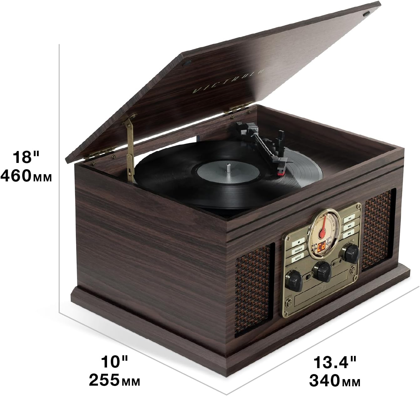 Victrola The Quincy 6-in-1 Bluetooth Record Player & Multimedia Center with Built-in Speakers – 3-Speed Turntable, CD & Cassette Player, FM Radio, Wireless Music Streaming (Mahogony)