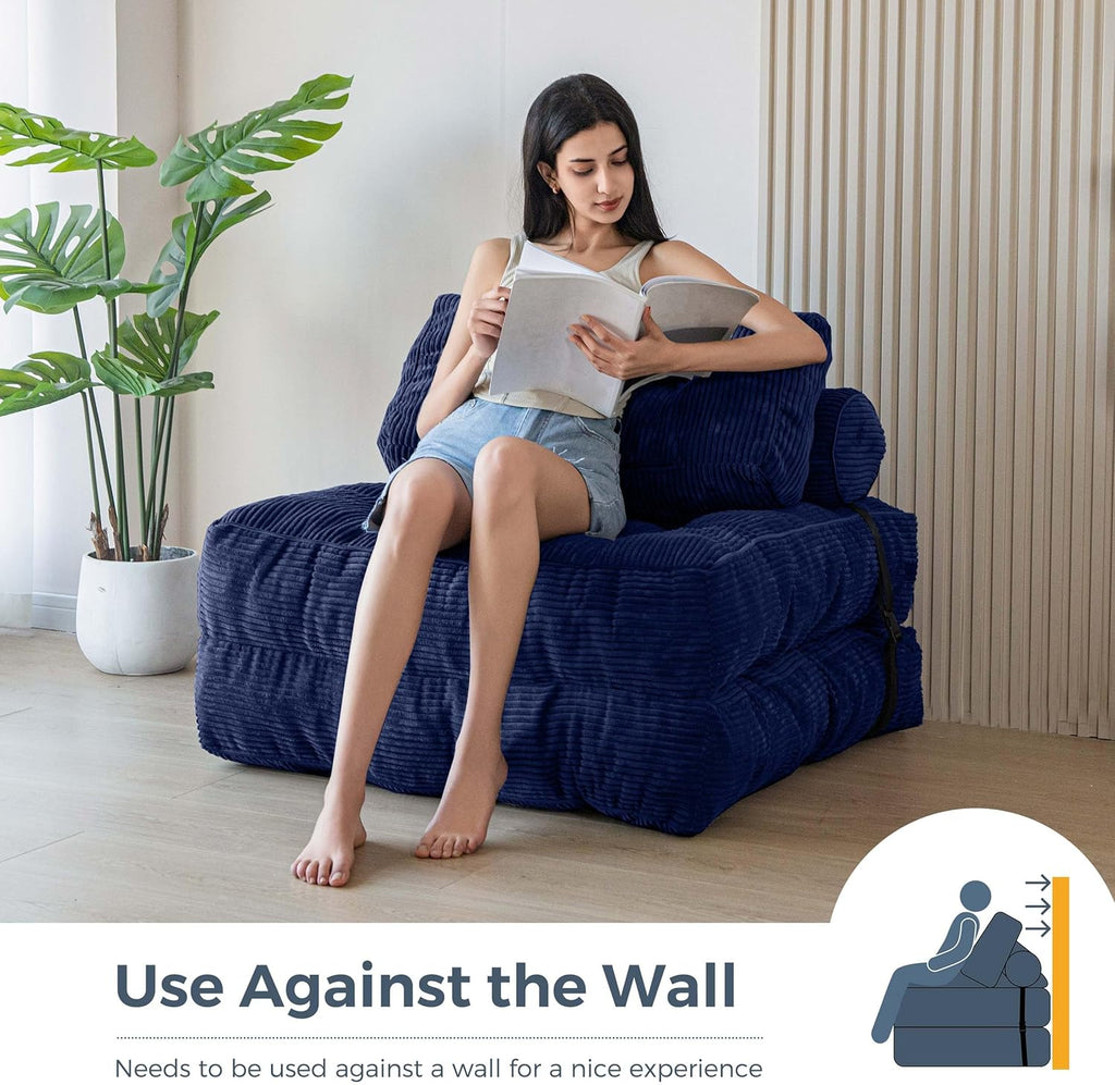 MAXYOYO Folding Sofa Bed, Convertible Sleeper Chair with Pillow Foldable Mattress with Back Support, Portable Fold Out Chair Bed Comfy Floor Sofa Lounge for Living Room Bedroom, Navy, Single