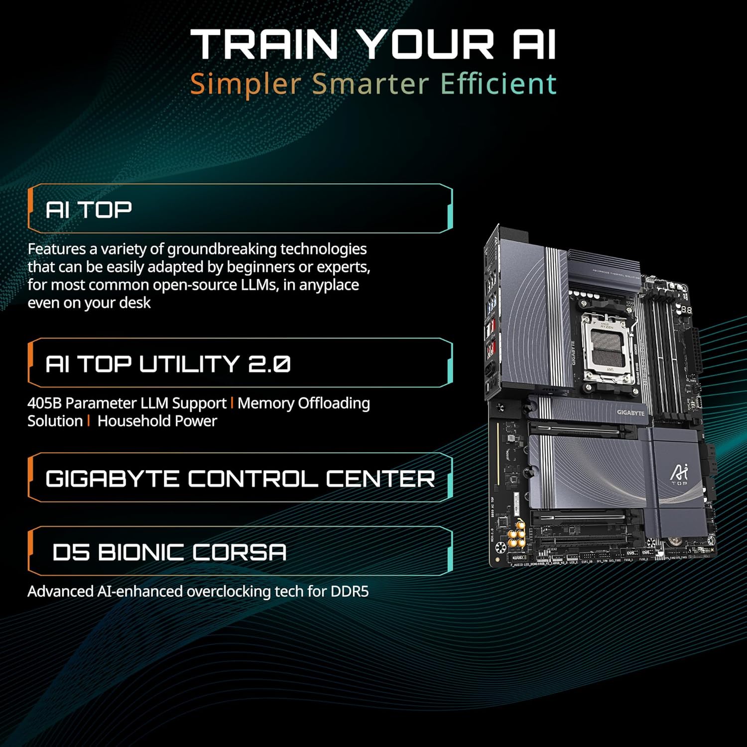 GIGABYTE B850 AI TOP AMD AM5 ATX Motherboard, Support AMD Ryzen 9000/8000/7000 Series, DDR5, 16+2+2 Power Phase, 3X M.2, PCIe 5.0, USB-C, WIFI7, 10GbE, EZ-Latch, 5-Year Warranty