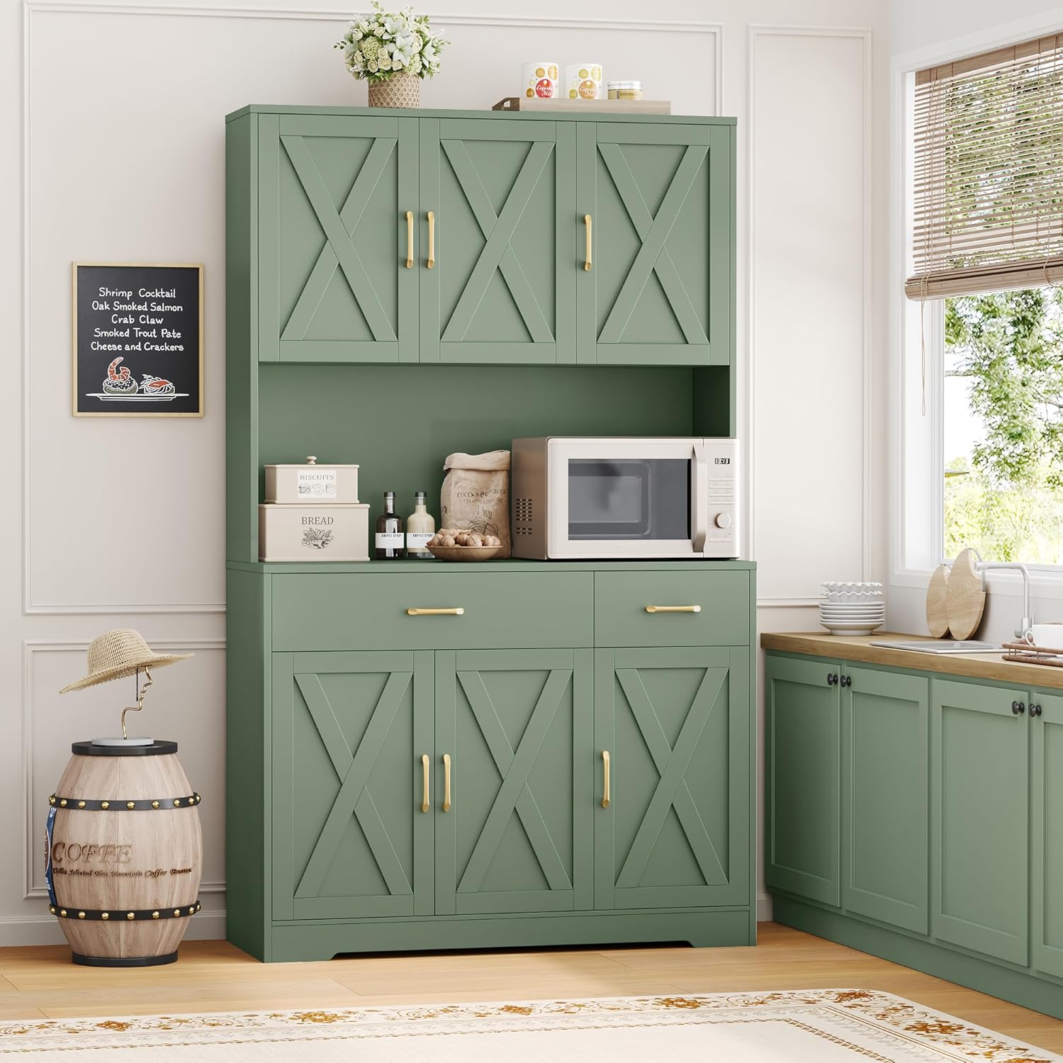 HOSTACK 71" Pantry Cabinet with Charging Station, Tall Kitchen Pantry Storage Cabinet with Microwave Stand, Farmhouse Kitchen Hutch with Storage Drawers for Living Room, Dining Room, Green