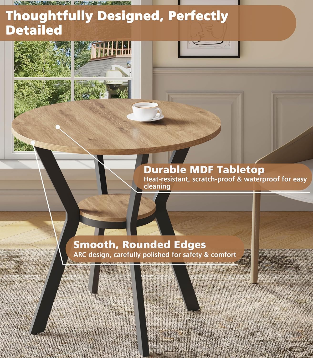 Round Kitchen Tables for 2-4, 31.5" Small Dining Tables with Storage, Rustic Wood Circle Dinner Table with Metal Leg, Farmhouse Dinner Table for Small Space, Dining Room, Kitchen, Office, Apartment