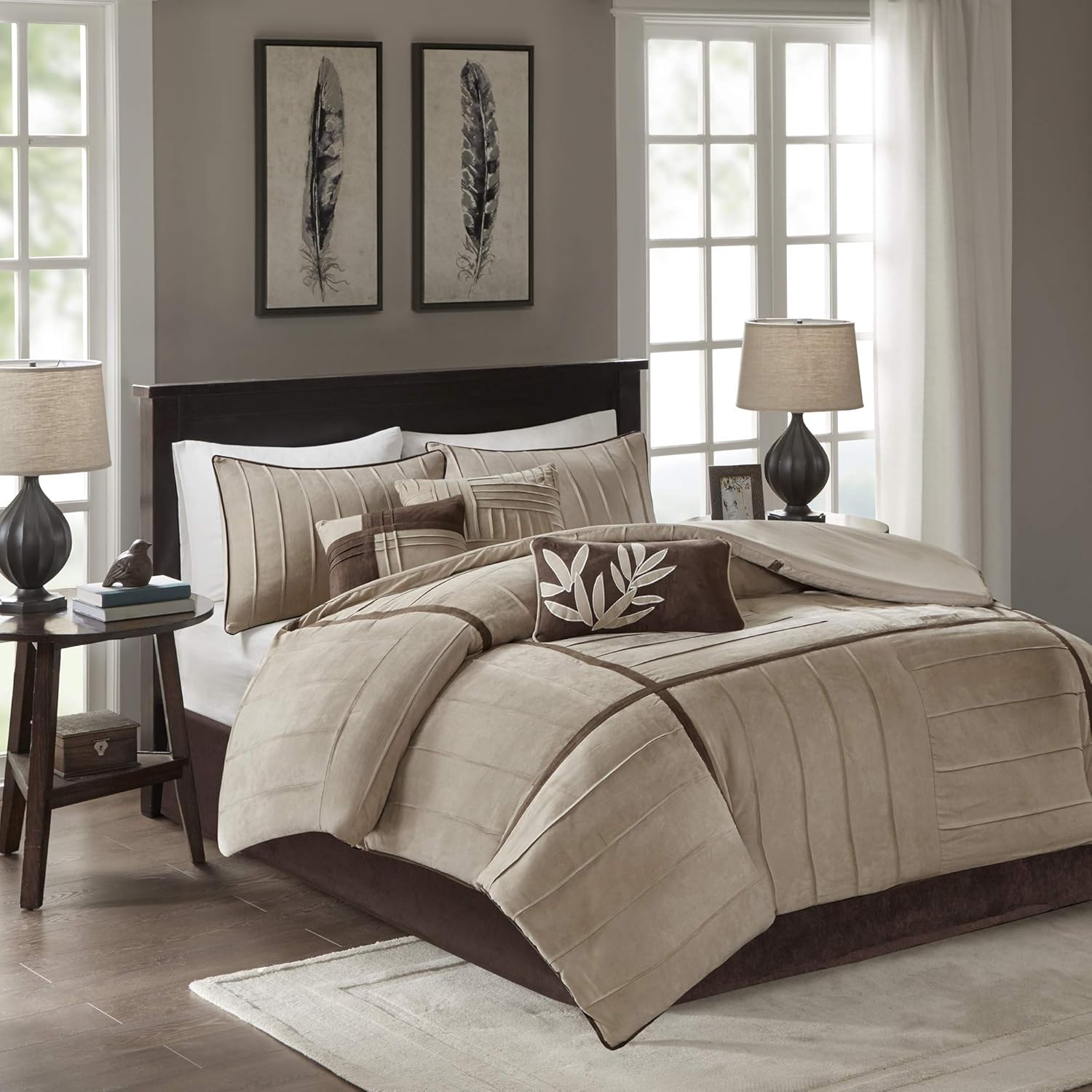 Madison Park Cozy Comforter Set Casual Blocks Design All Season, Matching Bed Skirt, Decorative Pillows, King(104"x92"), Dune Suede, Beige Brown, 7 Piece