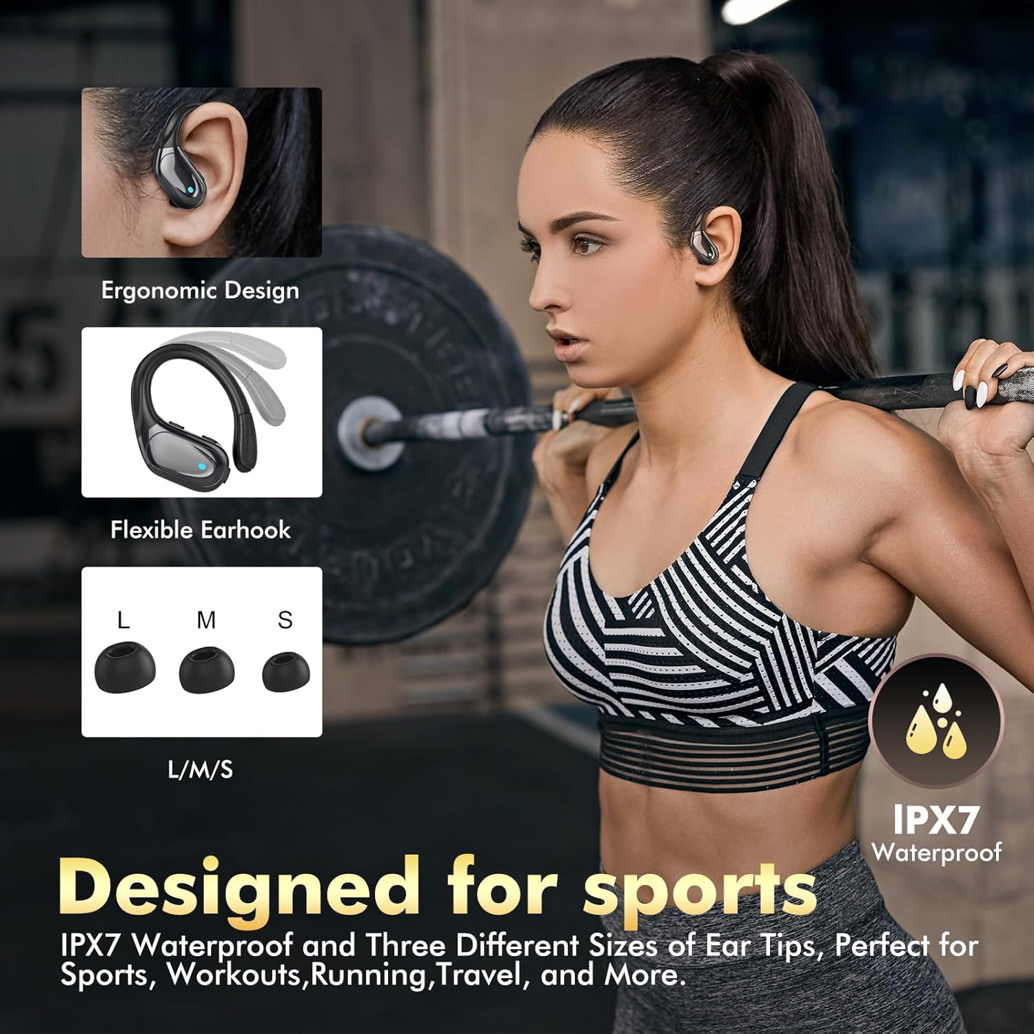 HAOYUYAN Sports Bluetooth Headphones, 80Hrs Playtime Wireless Earbuds with LED Power Display, IPX7 Waterproof Earphones for Workout/Running, Noise Canceling Headset Ear Buds(Black)