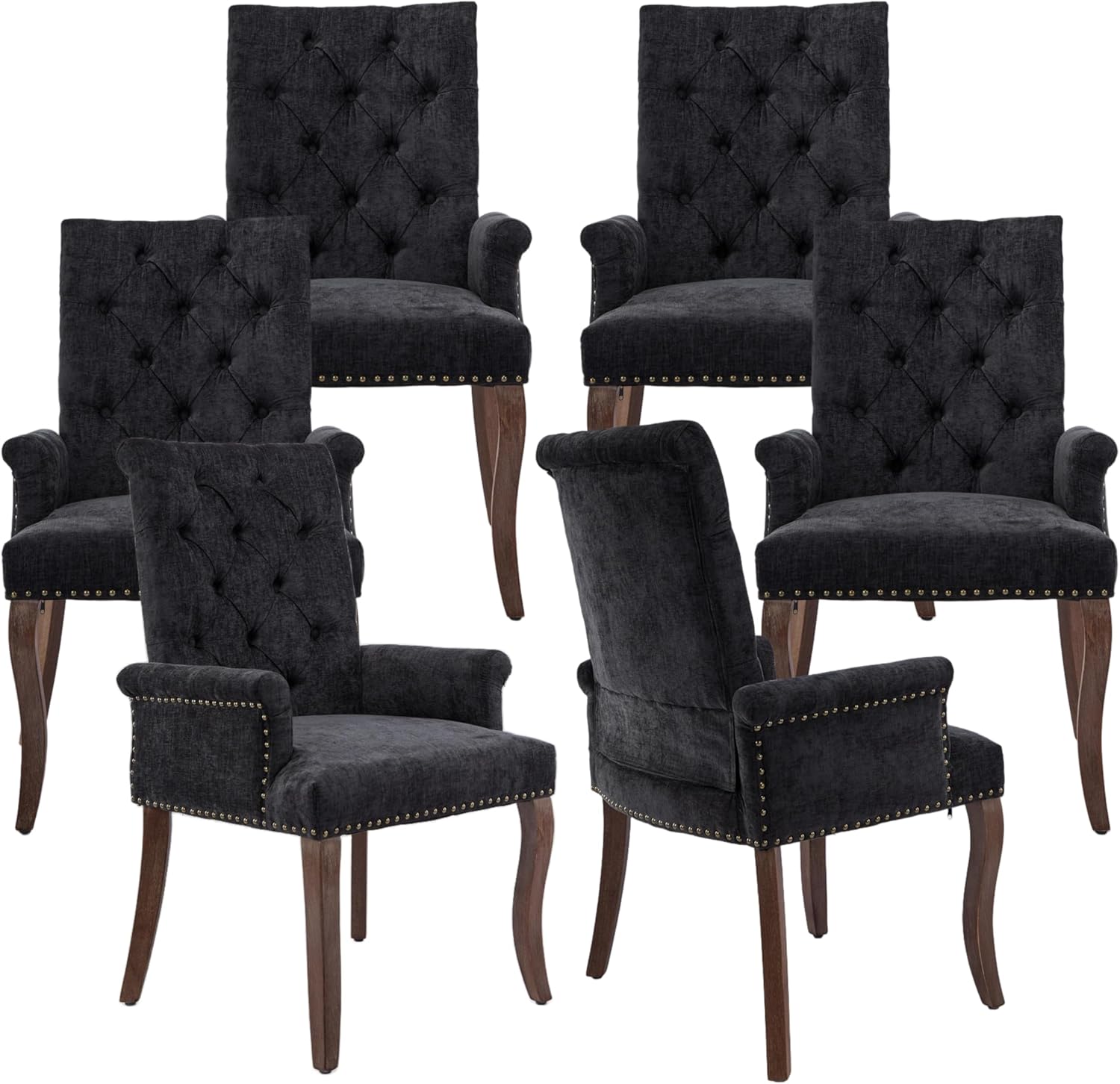 Upholstered Tufted Chenille Dining Chairs with Arms & Nailhead Trim – Solid Wood Frame & Legs, Modern Farmhouse for Dining, Kitchen & Living Room (Set of 6, Charcoal Gray)