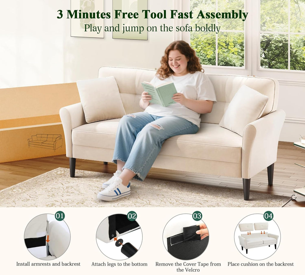 Loveseat Sofa, 69" Love Seat Couches, Comfy Velvet Small Couches for Small Spaces with 2 Pillows, Tool-Free Setup Sofas & Couches, 700lb Load Sofas for Living Room, Mini Couch for Bedroom, White Couch