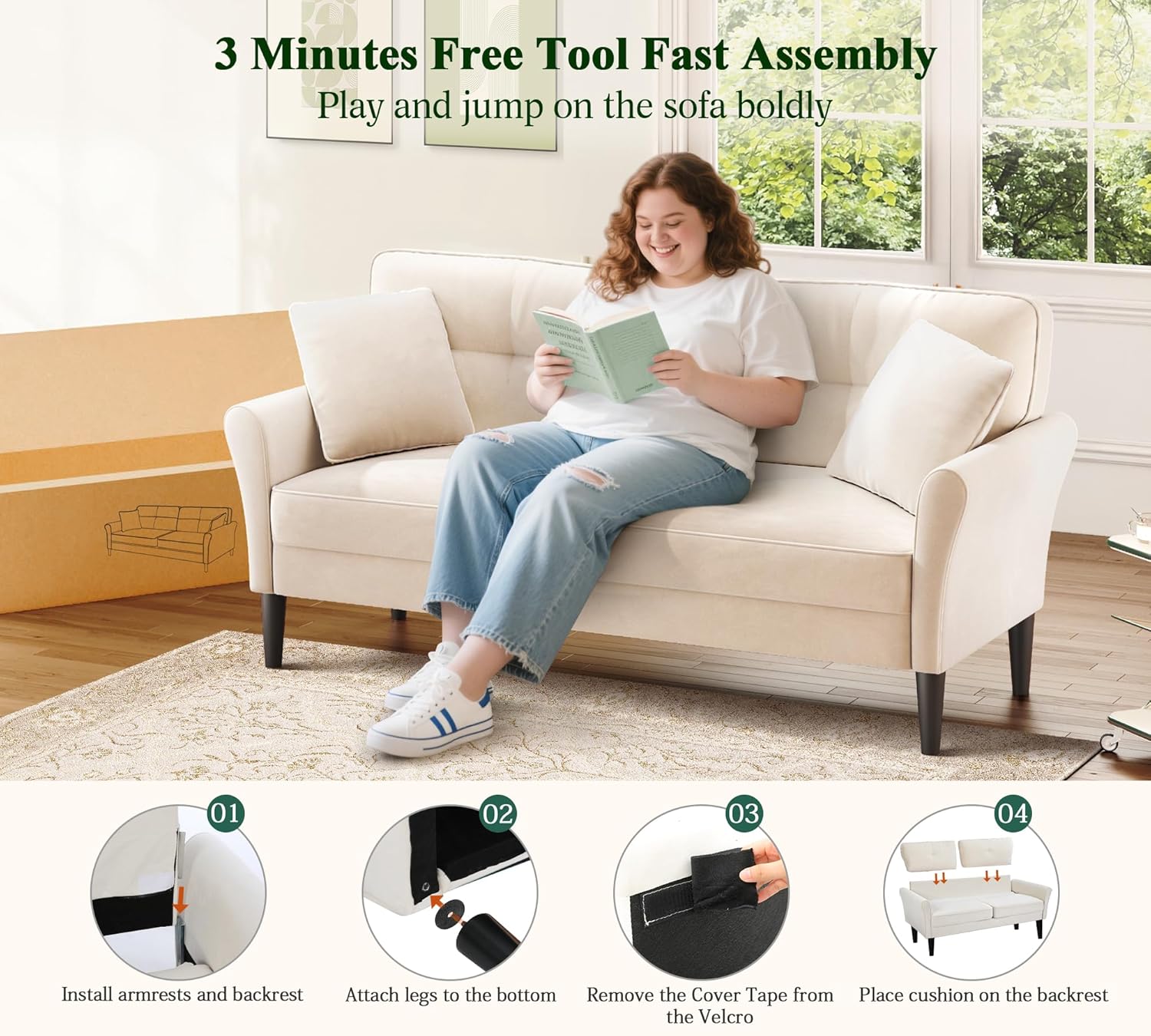 Loveseat Sofa, 69" Love Seat Couches, Comfy Velvet Small Couches for Small Spaces with 2 Pillows, Tool-Free Setup Sofas & Couches, 700lb Load Sofas for Living Room, Mini Couch for Bedroom, White Couch