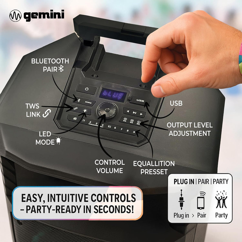 Gemini Sound Portable PA Speaker System with Bluetooth – 15" Woofer, All-Weather IPX4, 24Hr Battery, RGB LED Party Lights, Mic & Guitar Inputs, USB/FM Radio, Wireless Stereo Link (GXP-T1500)