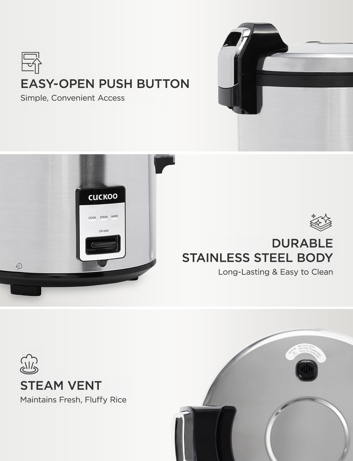 CUCKOO Commercial Rice Cooker & Warmer, Extra Large Rice Cooker 30-Cup Uncooked / 60-Cup Cooked, Professional Industrial Grain Cooker with Large Capacity, Easy One-Touch Operation, Silver (CR-3032)
